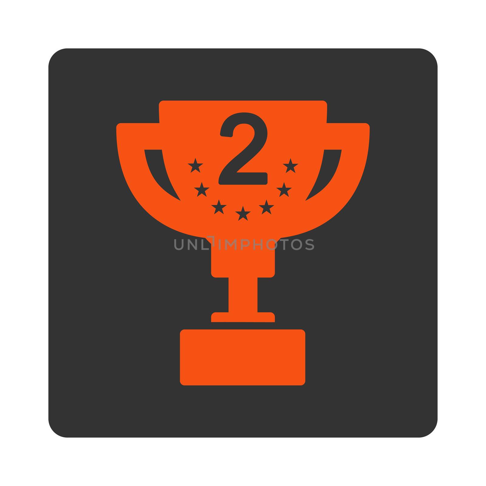 Second prize icon from Award Buttons OverColor Set. Icon style is orange and gray colors, flat rounded square button, white background.
