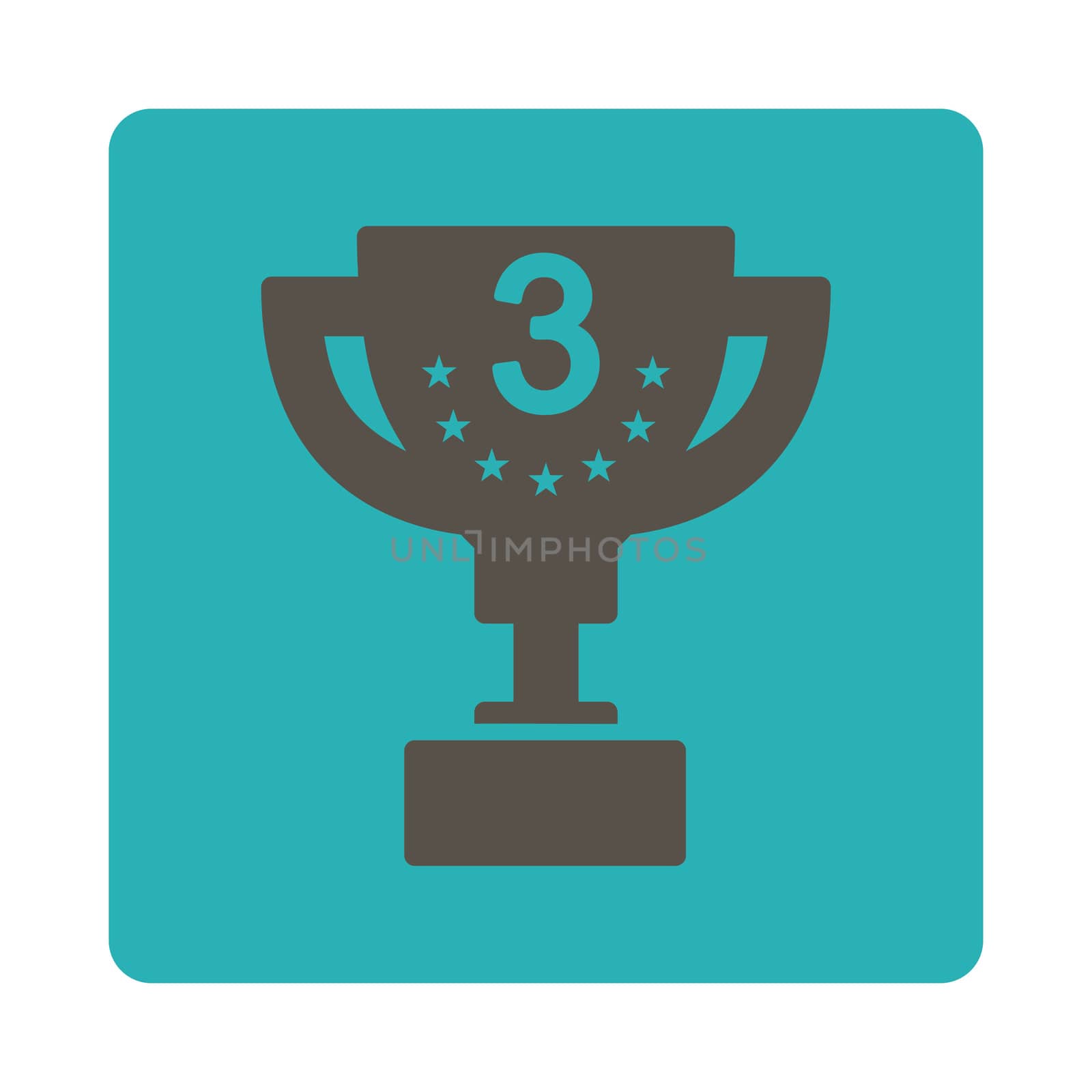 Third prize icon from Award Buttons OverColor Set. Icon style is grey and cyan colors, flat rounded square button, white background.
