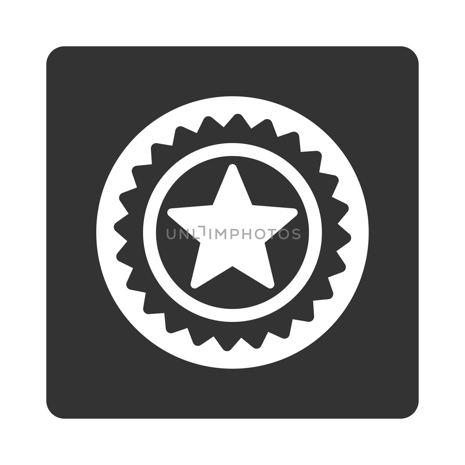 Medal seal icon from Award Buttons OverColor Set. Icon style is white and gray colors, flat rounded square button, white background.