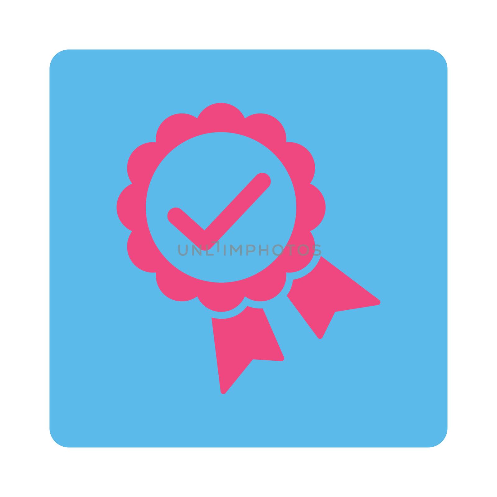 Approved icon from Award Buttons OverColor Set. Icon style is pink and blue colors, flat rounded square button, white background.