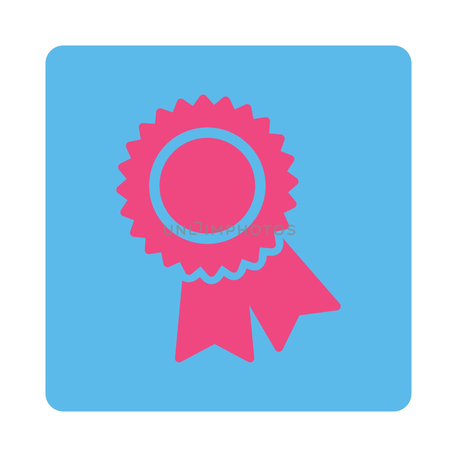 Certification icon from Award Buttons OverColor Set. Icon style is pink and blue colors, flat rounded square button, white background.