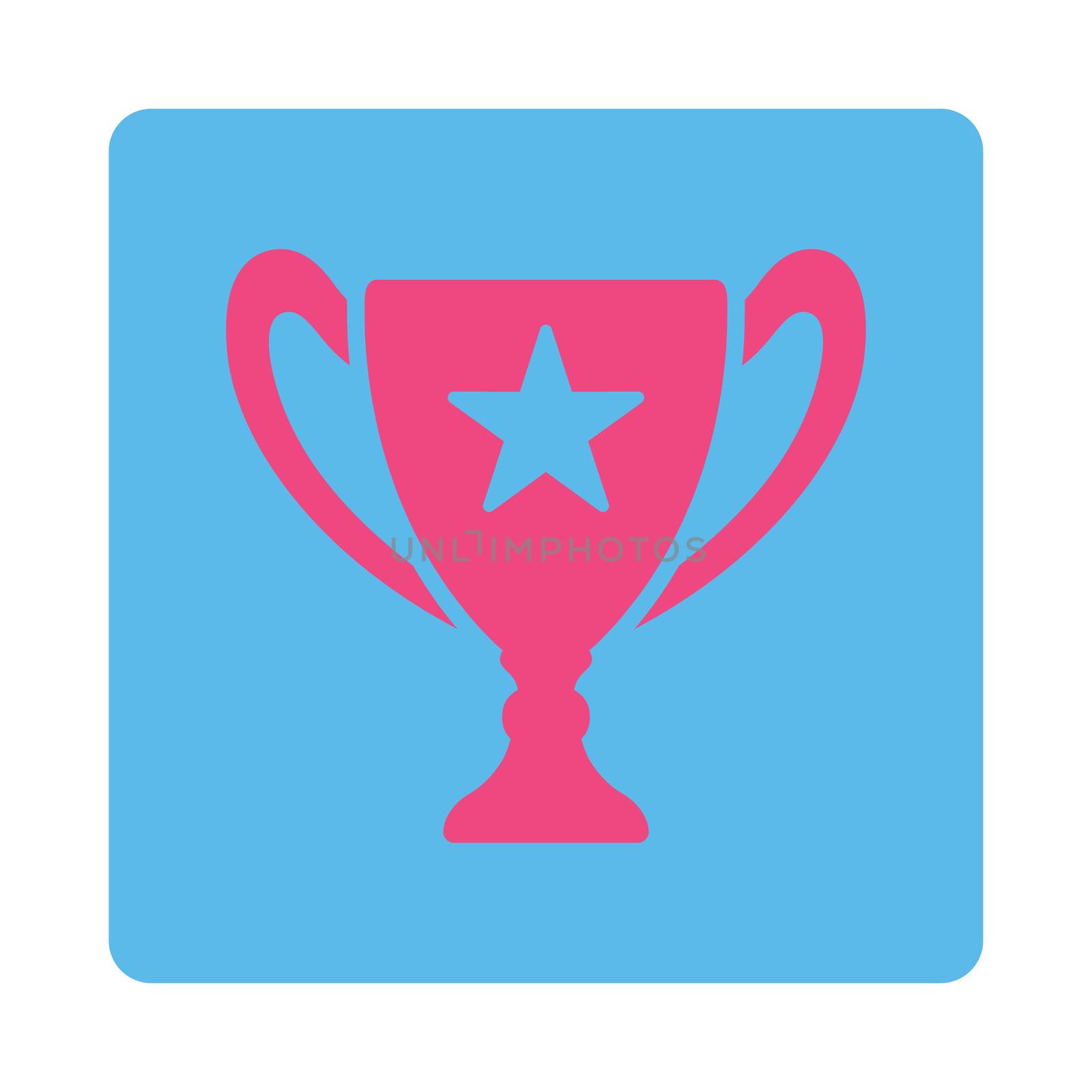 Trophy icon from Award Buttons OverColor Set. Icon style is pink and blue colors, flat rounded square button, white background.