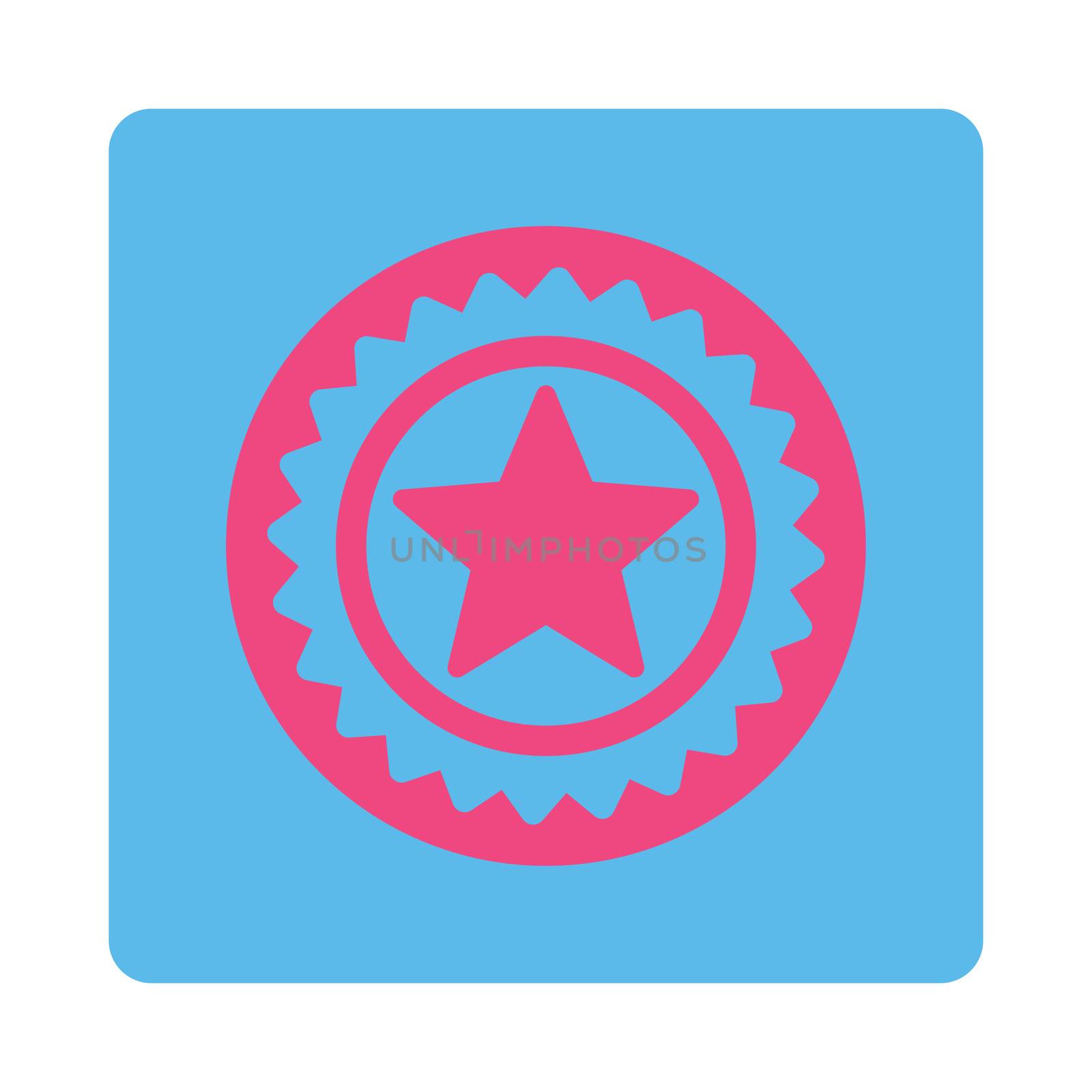 Medal seal icon from Award Buttons OverColor Set. Icon style is pink and blue colors, flat rounded square button, white background.