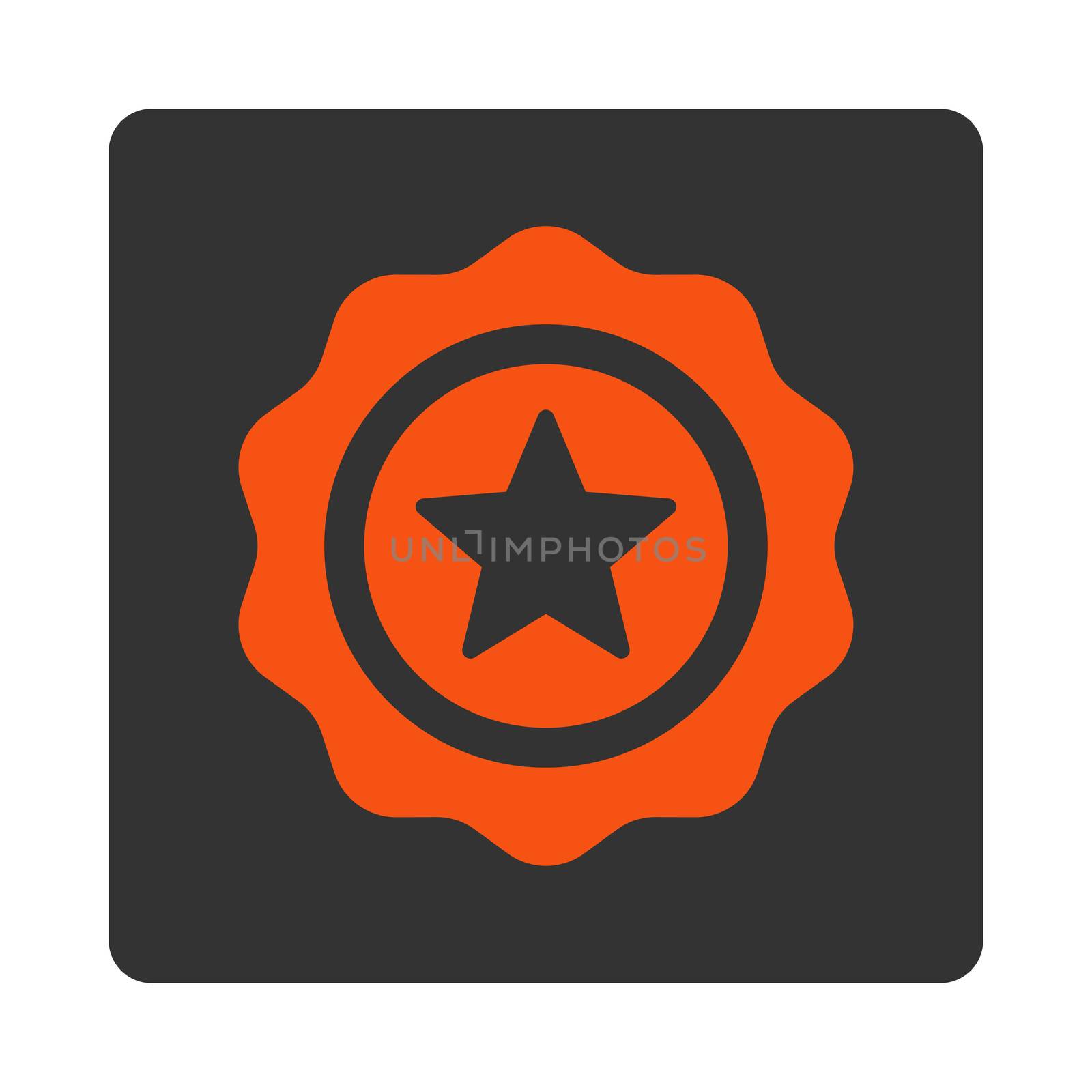 Reward seal icon from Award Buttons OverColor Set. Icon style is orange and gray colors, flat rounded square button, white background.