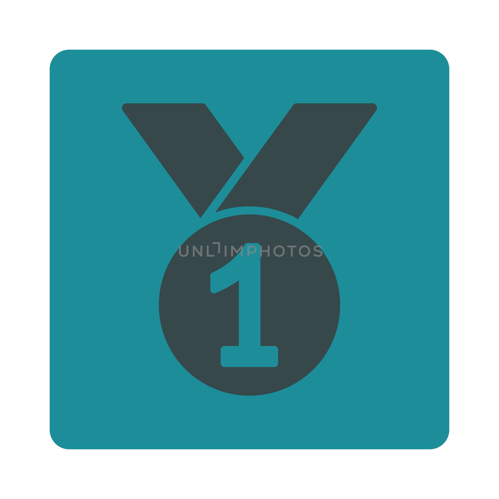 Gold medal icon from Award Buttons OverColor Set. Icon style is soft blue colors, flat rounded square button, white background.