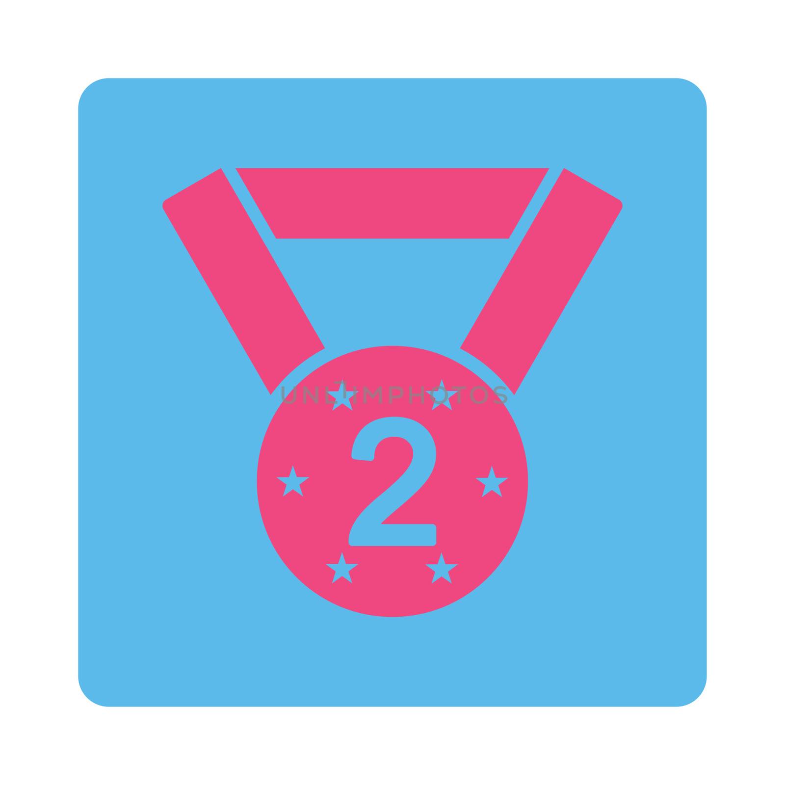 Second medal icon from Award Buttons OverColor Set. Icon style is pink and blue colors, flat rounded square button, white background.