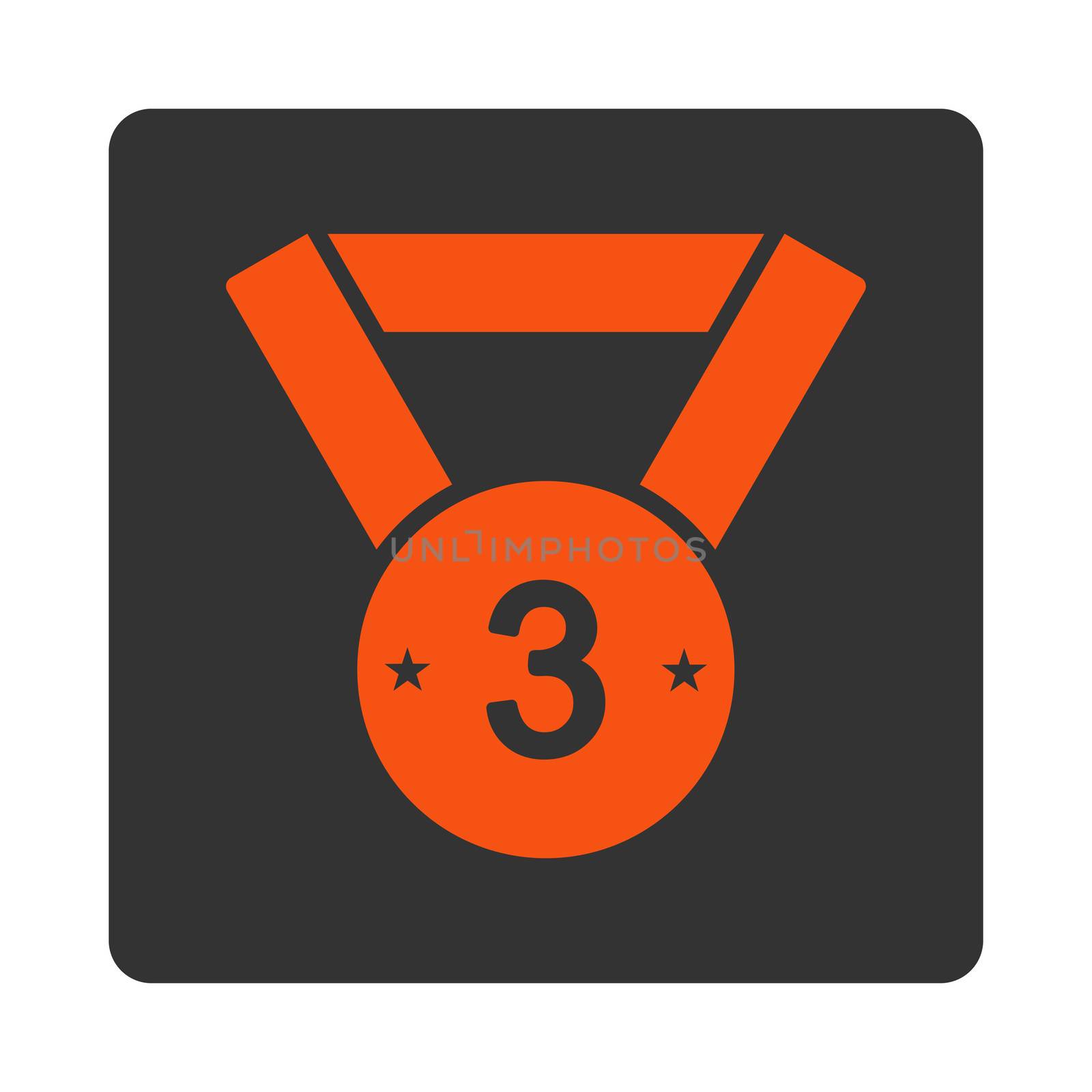 Third medal icon from Award Buttons OverColor Set. Icon style is orange and gray colors, flat rounded square button, white background.