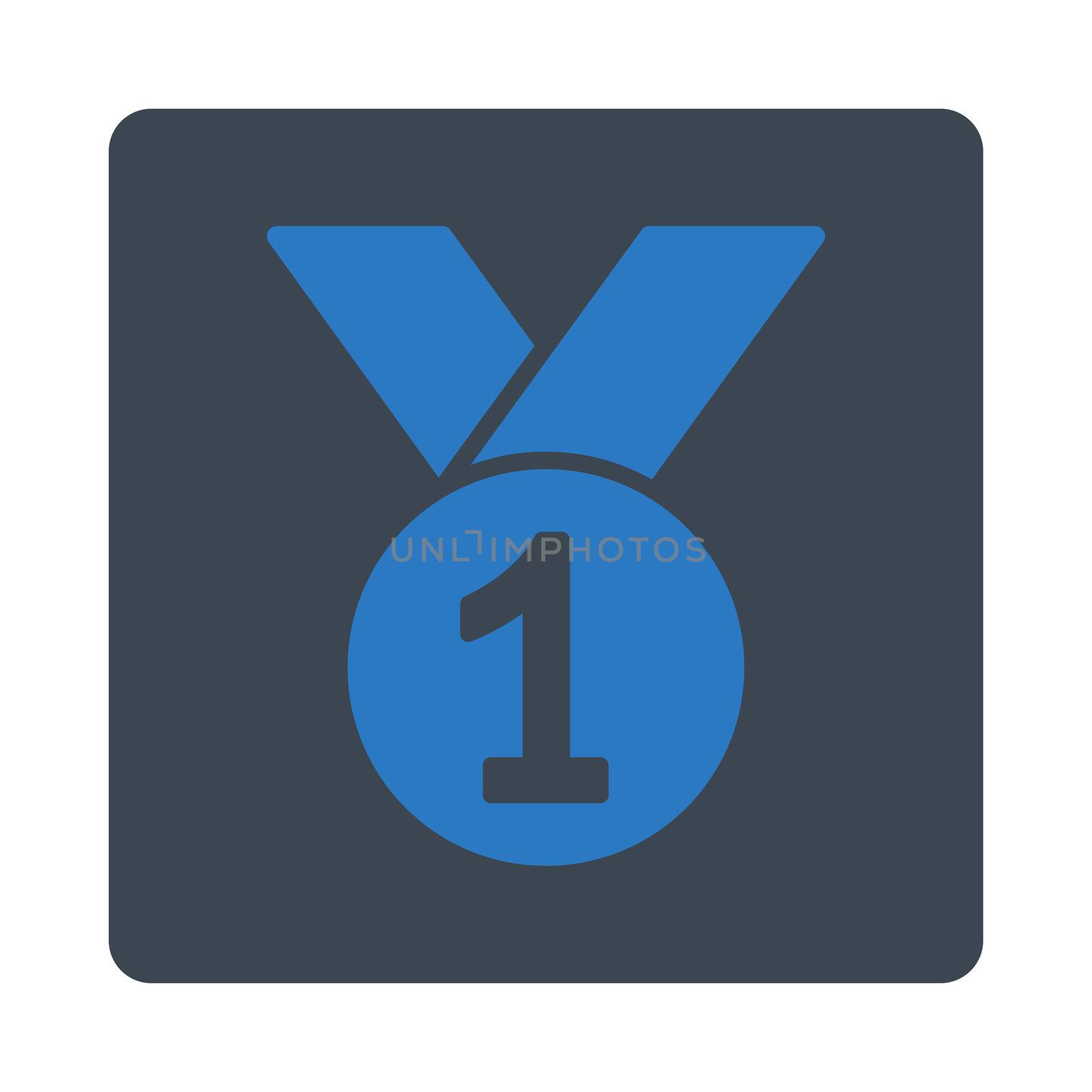 Gold medal icon from Award Buttons OverColor Set. Icon style is smooth blue colors, flat rounded square button, white background.