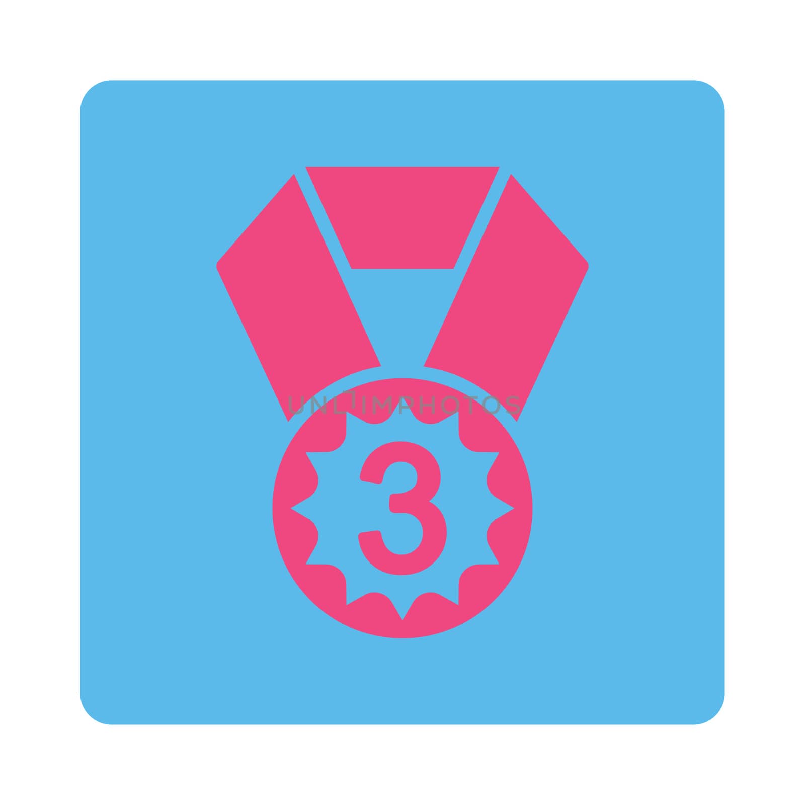 Third place icon from Award Buttons OverColor Set. Icon style is pink and blue colors, flat rounded square button, white background.