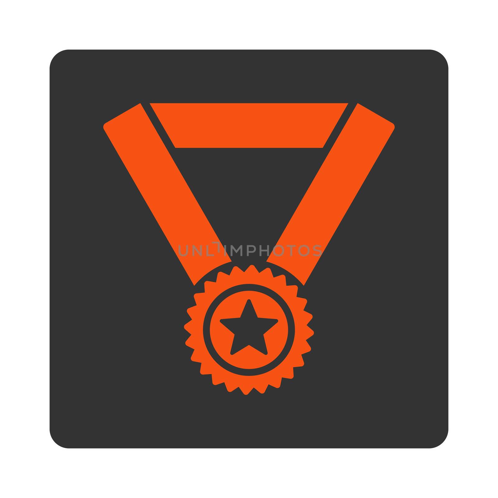 Winner medal icon from Award Buttons OverColor Set. Icon style is orange and gray colors, flat rounded square button, white background.