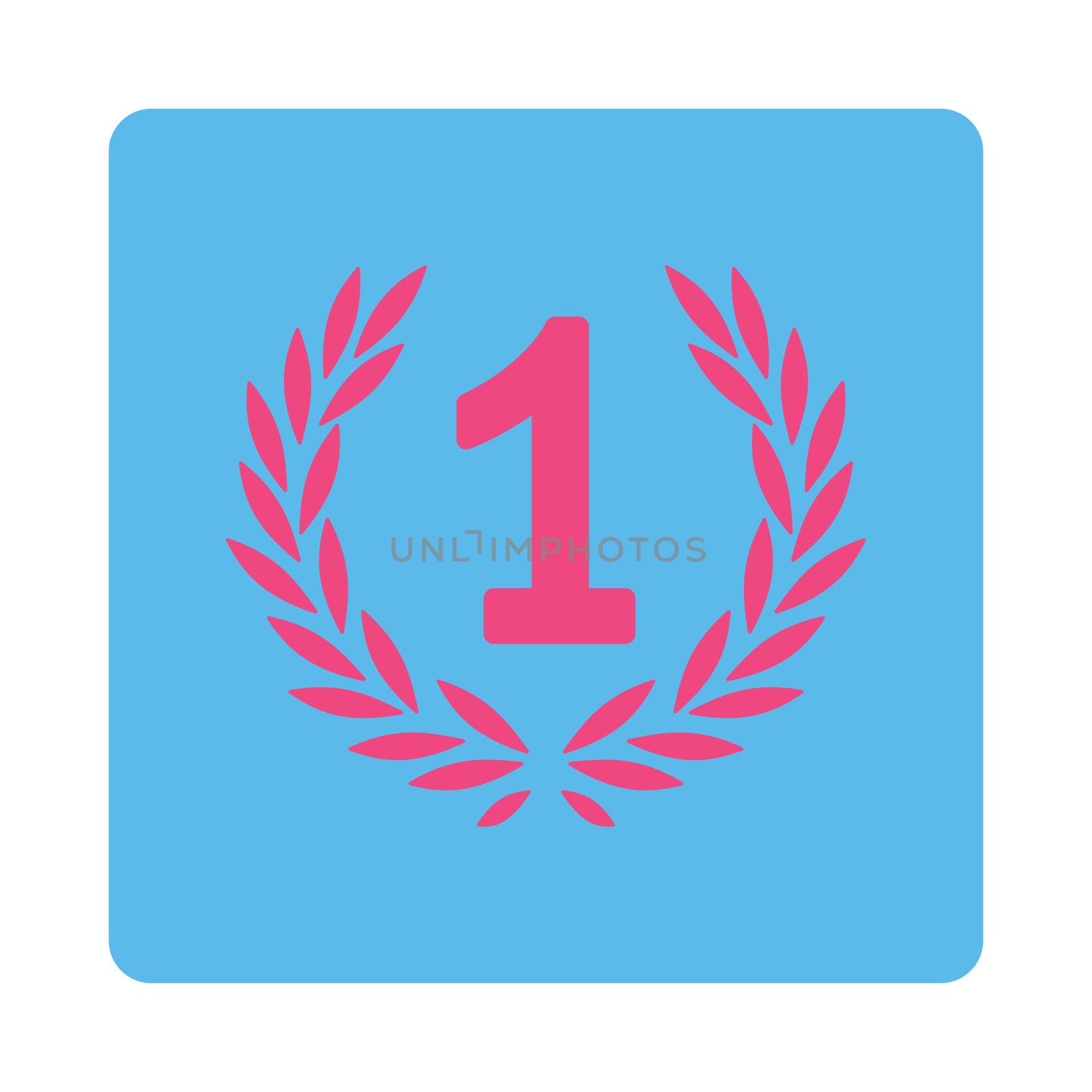 Win icon from Award Buttons OverColor Set. Icon style is pink and blue colors, flat rounded square button, white background.