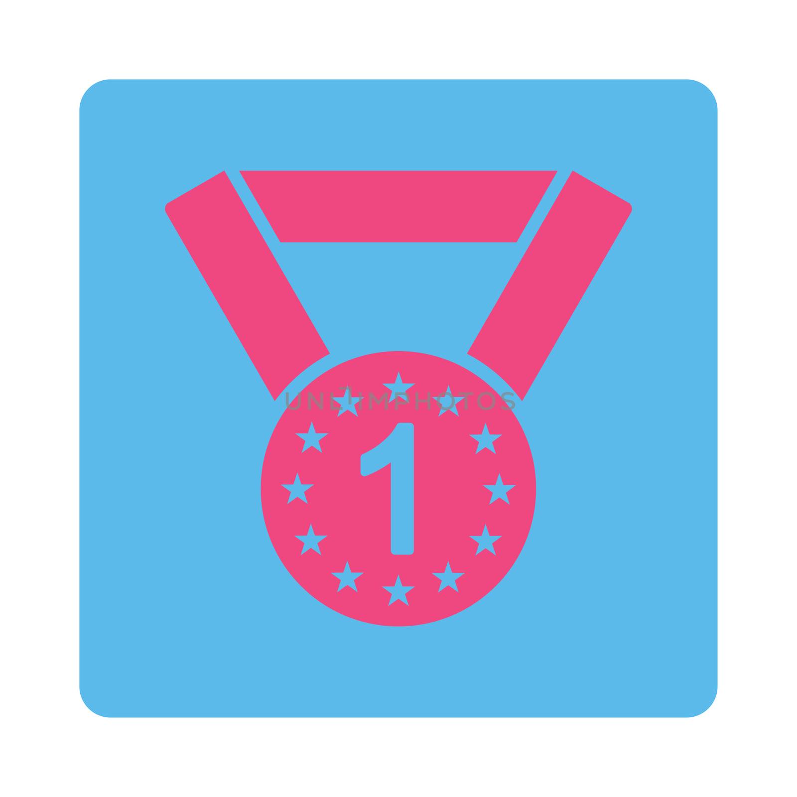 First medal icon from Award Buttons OverColor Set. Icon style is pink and blue colors, flat rounded square button, white background.