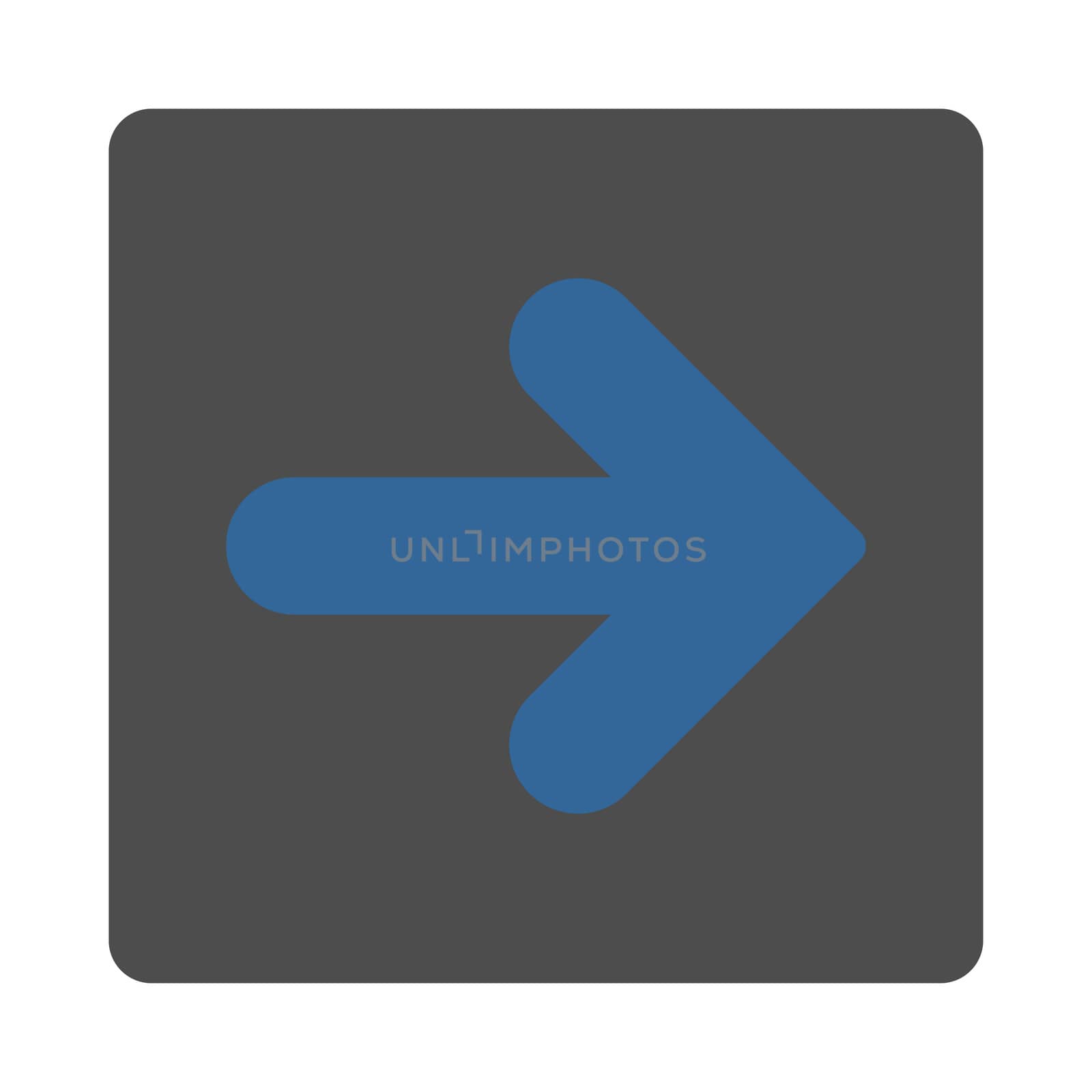 Arrow Right icon from Primitive Buttons OverColor Set. This rounded square flat button is drawn with cobalt and gray colors on a white background.