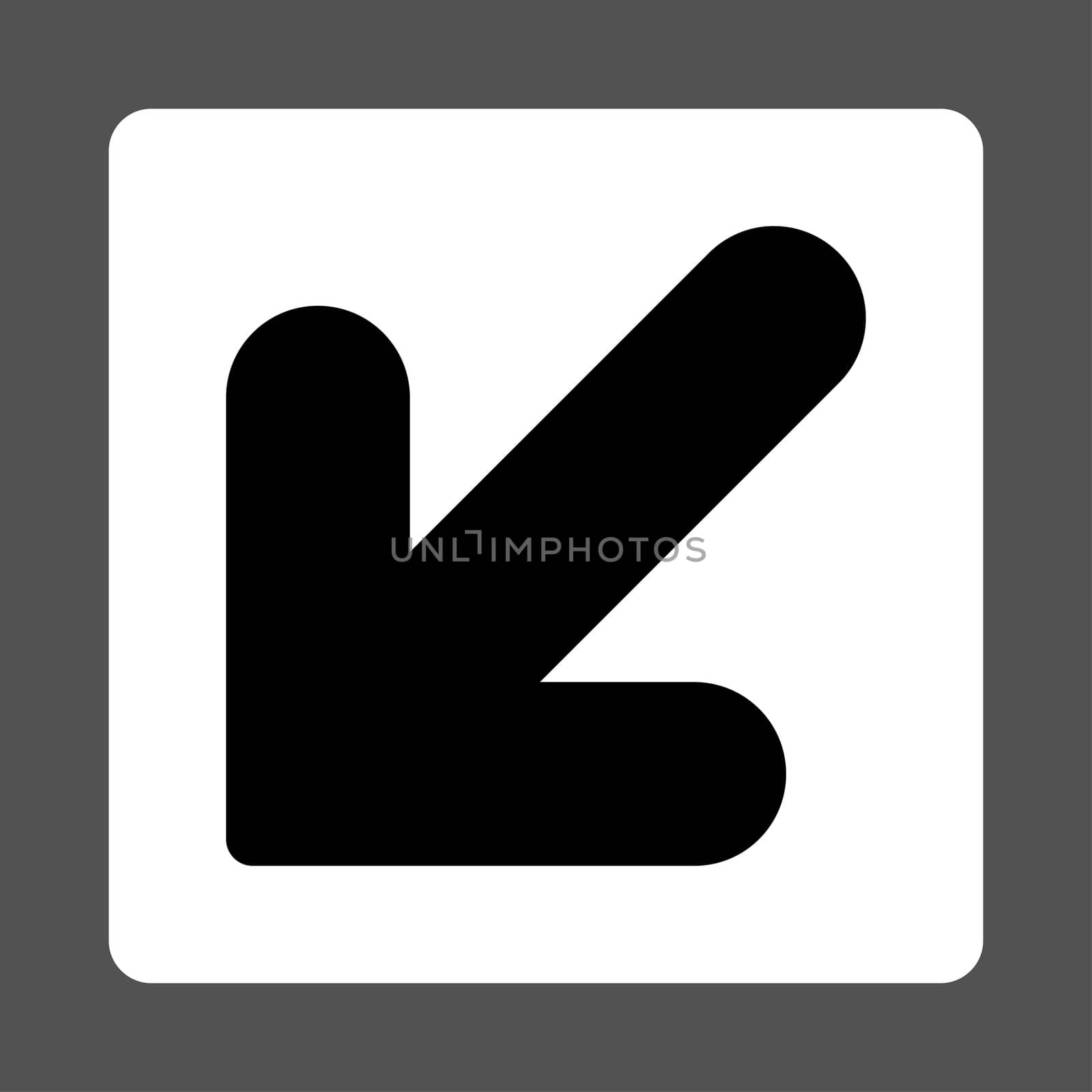 Arrow Down Left icon from Primitive Buttons OverColor Set. This rounded square flat button is drawn with black and white colors on a gray background.