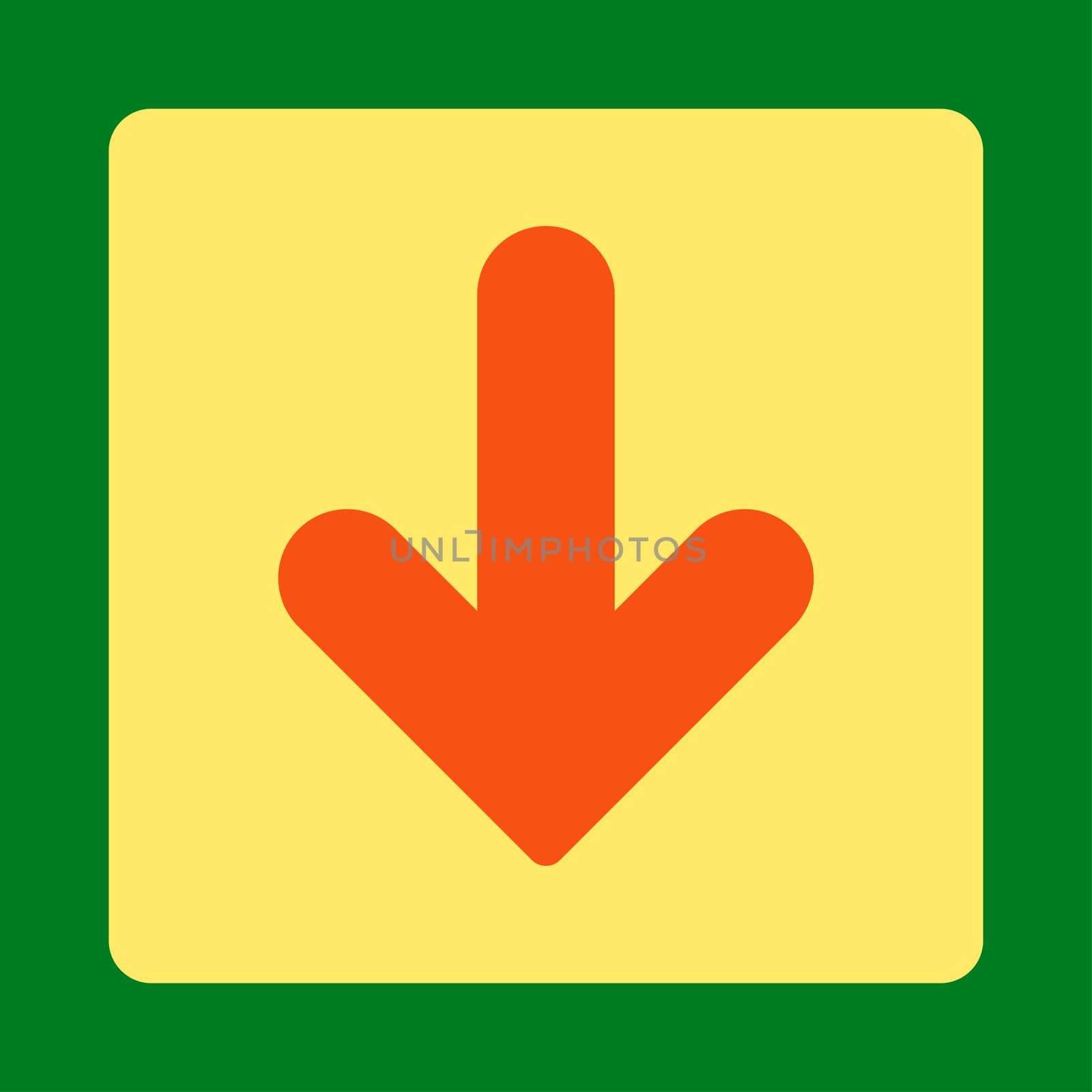 Arrow Down icon from Primitive Buttons OverColor Set. This rounded square flat button is drawn with orange and yellow colors on a green background.