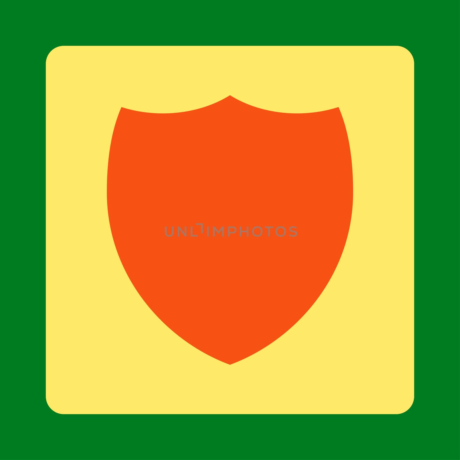 Shield icon from Primitive Buttons OverColor Set. This rounded square flat button is drawn with orange and yellow colors on a green background.