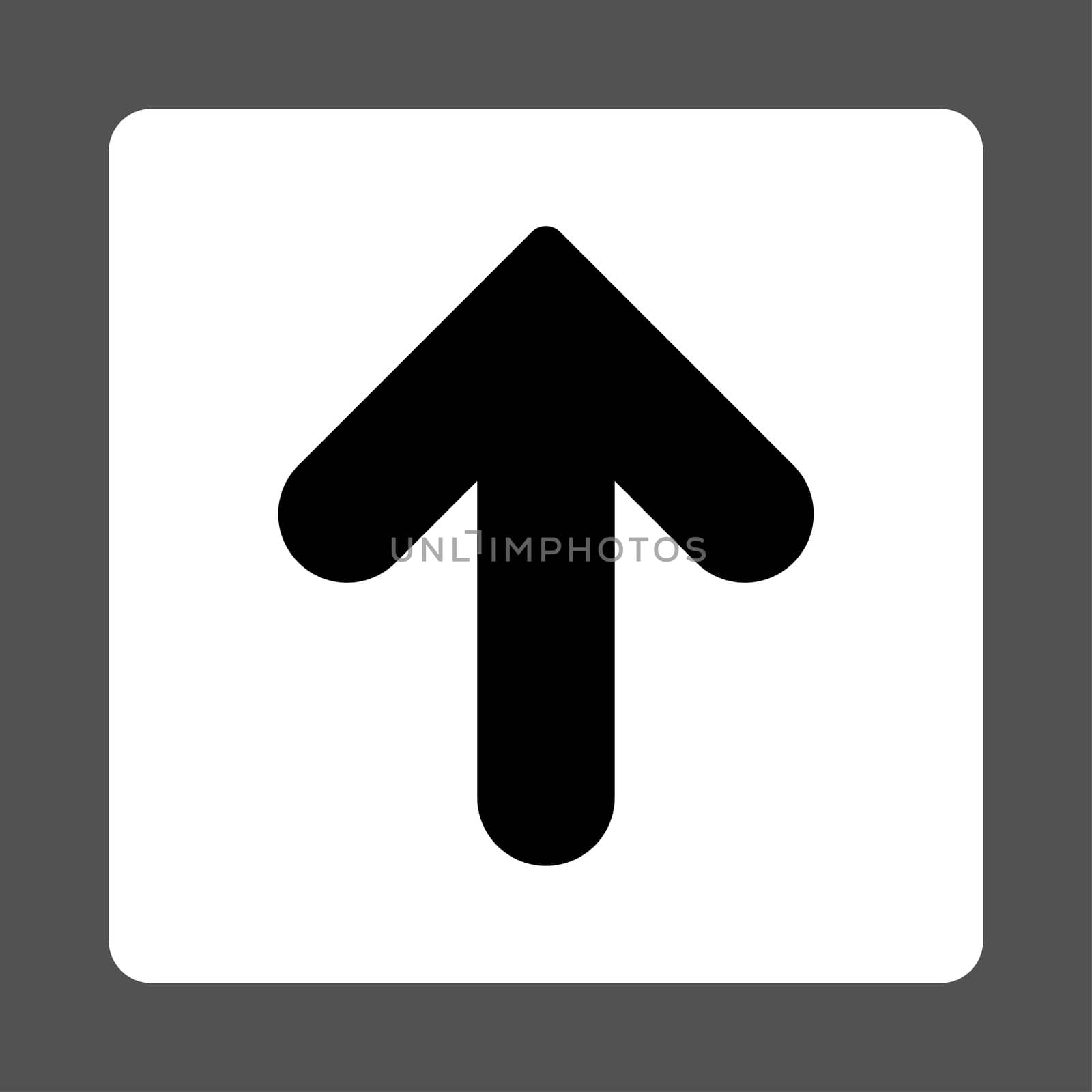 Arrow Up icon from Primitive Buttons OverColor Set. This rounded square flat button is drawn with black and white colors on a gray background.