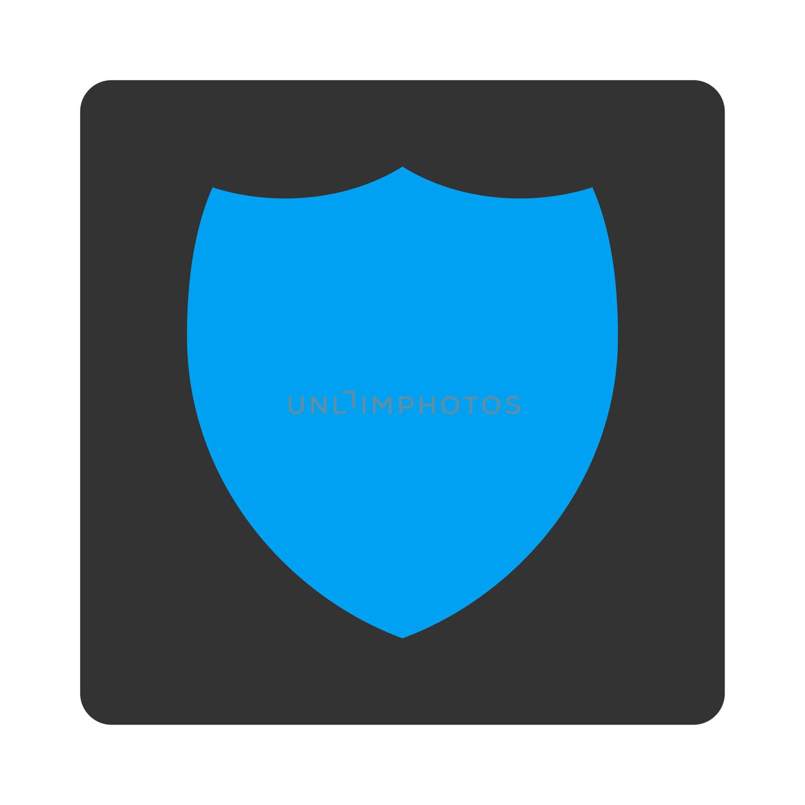 Shield icon from Primitive Buttons OverColor Set. This rounded square flat button is drawn with blue and gray colors on a white background.
