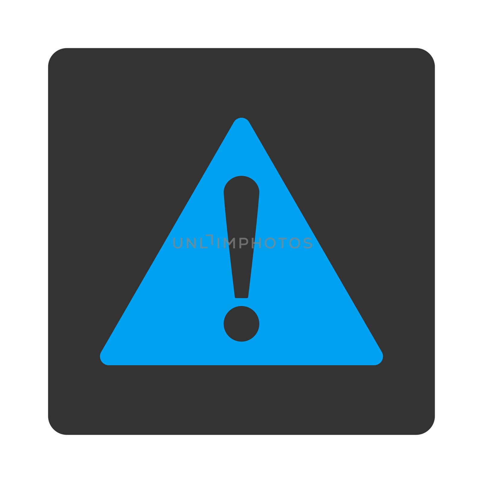 Warning icon from Primitive Buttons OverColor Set. This rounded square flat button is drawn with blue and gray colors on a white background.