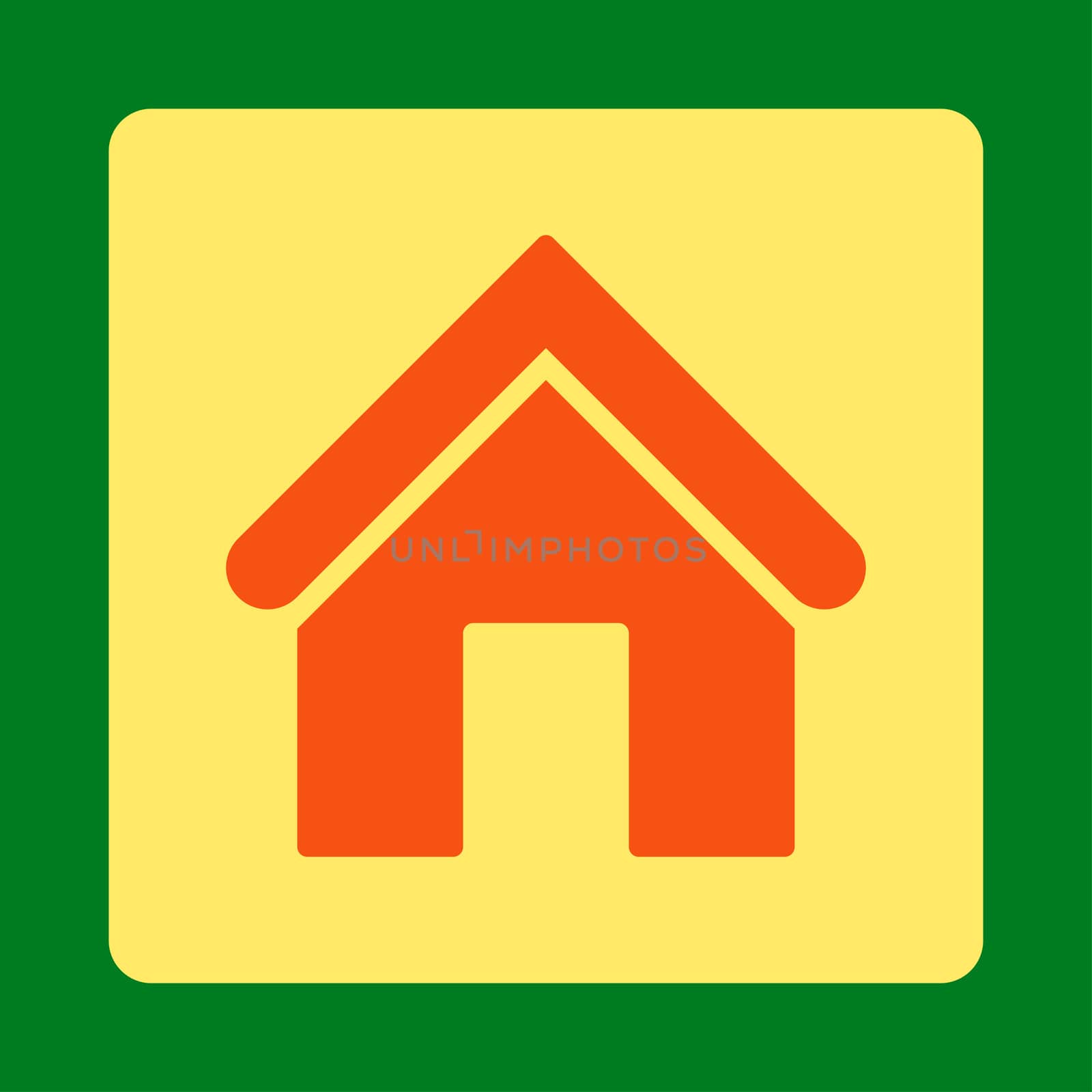 Home icon from Primitive Buttons OverColor Set. This rounded square flat button is drawn with orange and yellow colors on a green background.