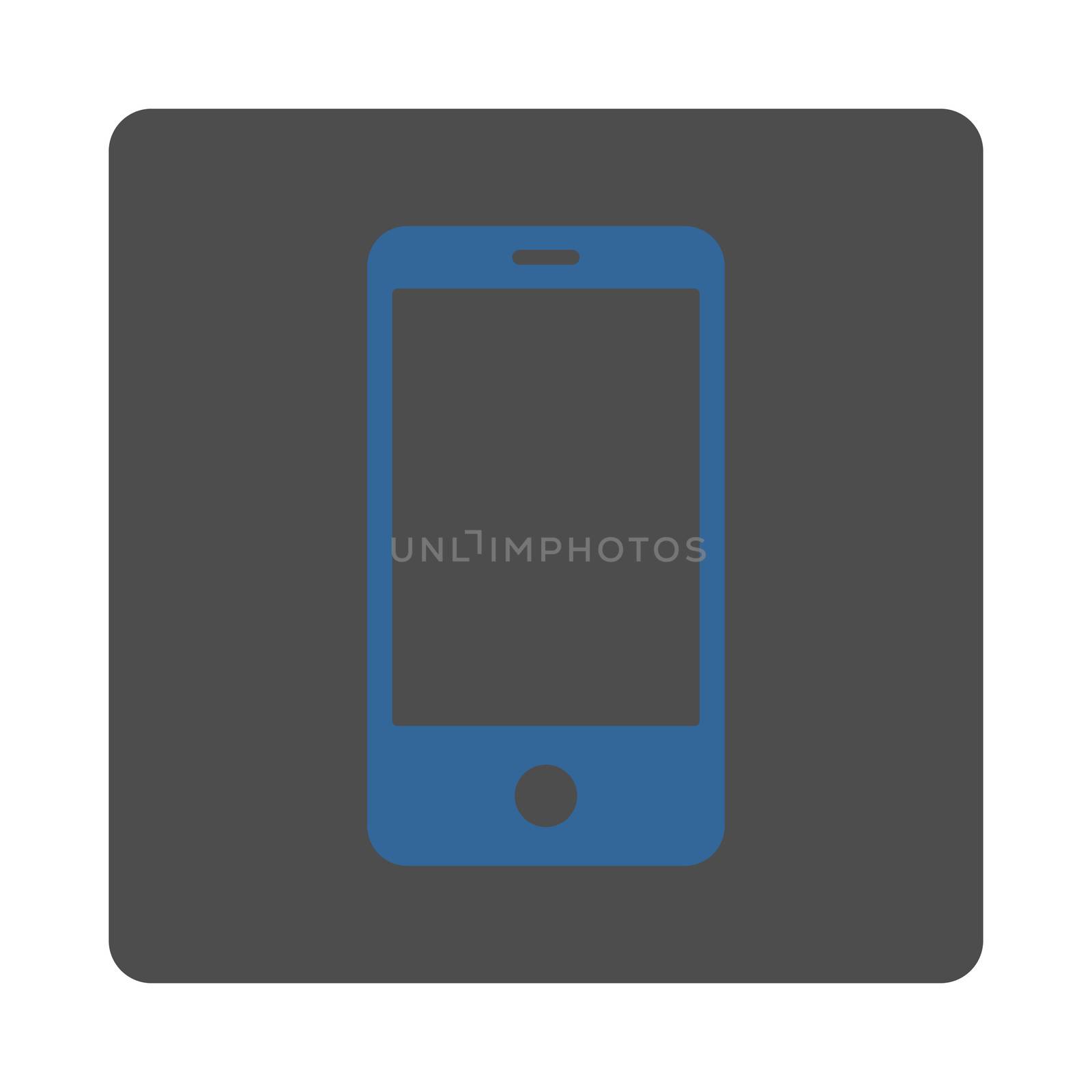 Smartphone icon from Primitive Buttons OverColor Set. This rounded square flat button is drawn with cobalt and gray colors on a white background.
