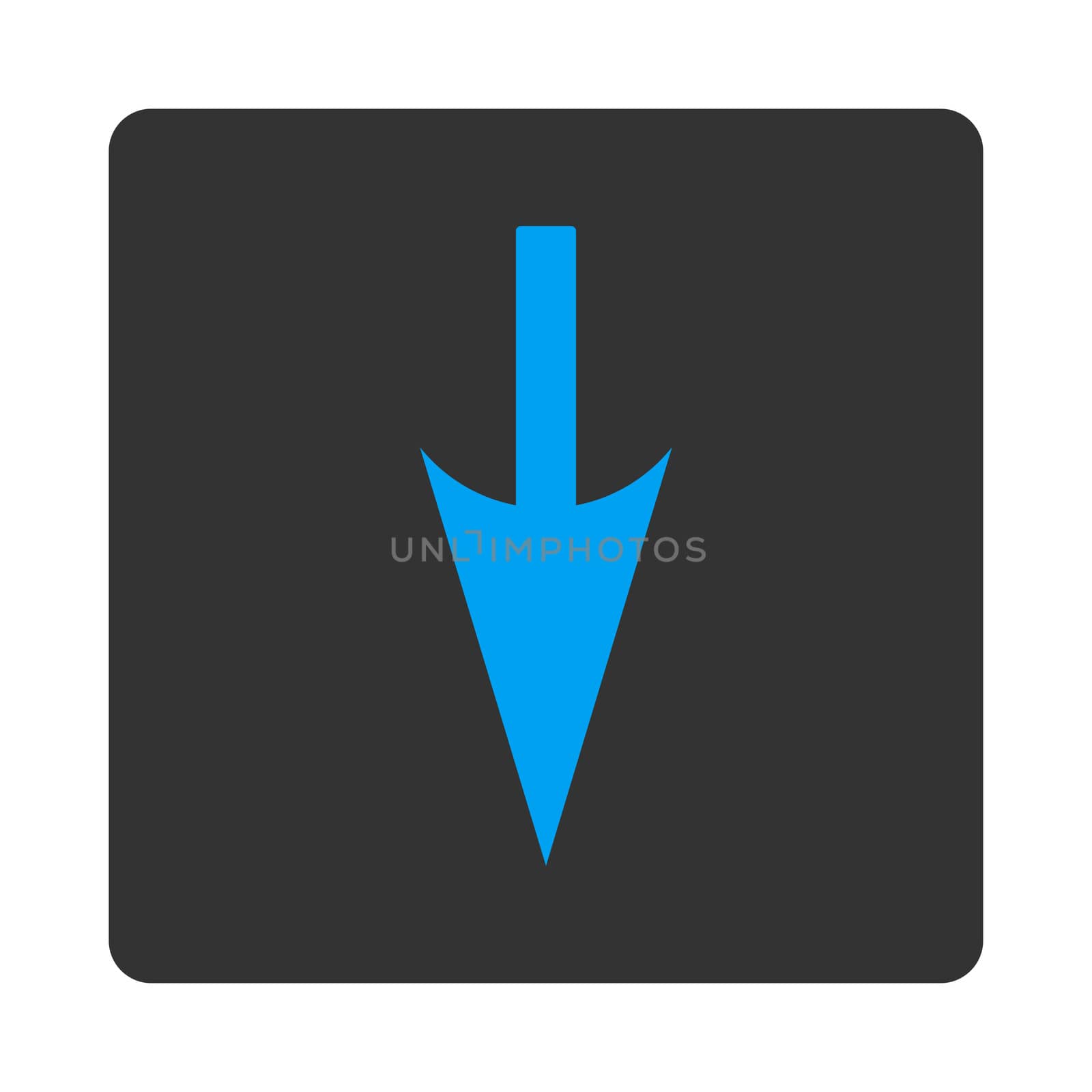 Sharp Down Arrow icon from Primitive Buttons OverColor Set. This rounded square flat button is drawn with blue and gray colors on a white background.