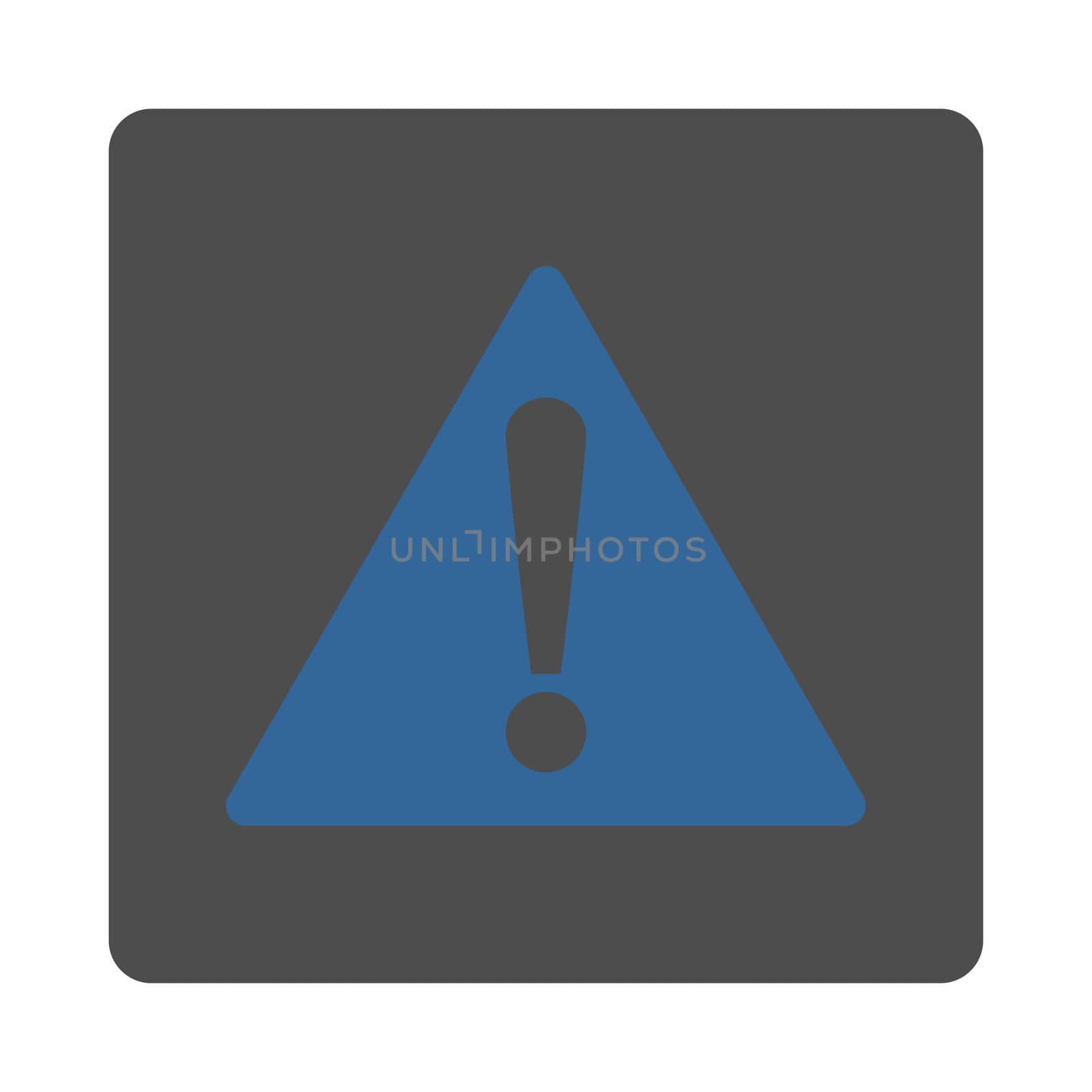 Warning icon from Primitive Buttons OverColor Set. This rounded square flat button is drawn with cobalt and gray colors on a white background.