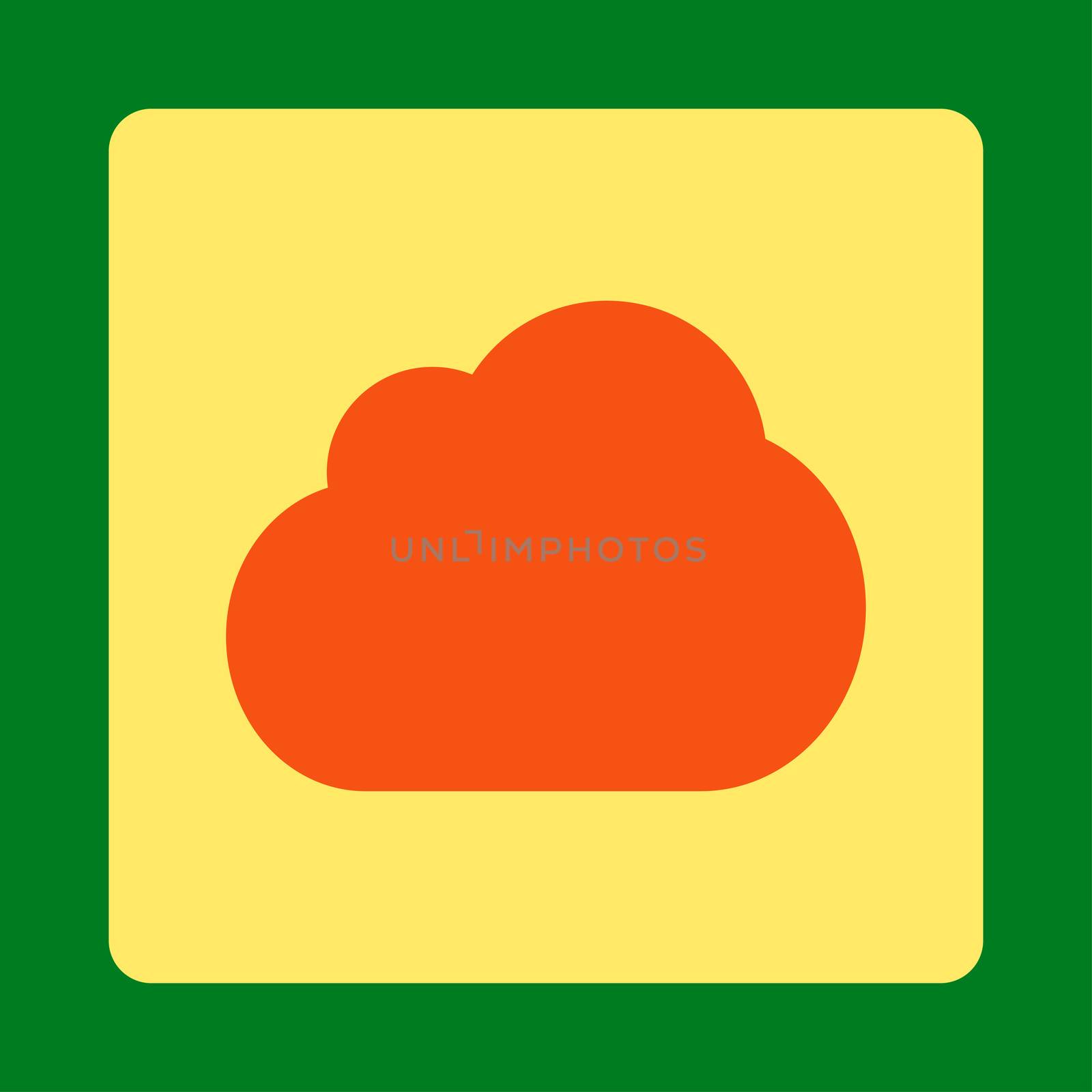 Cloud icon from Primitive Buttons OverColor Set. This rounded square flat button is drawn with orange and yellow colors on a green background.