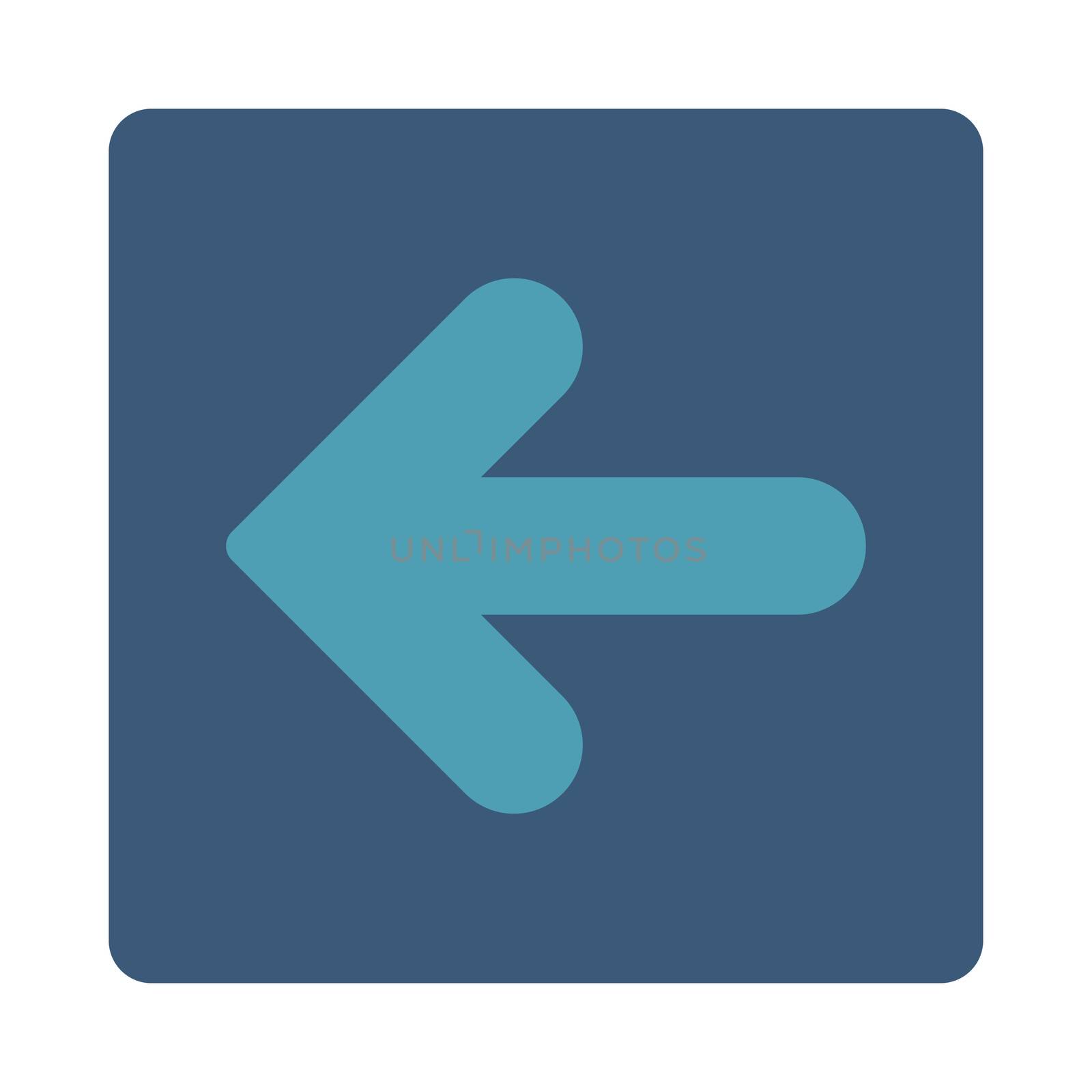 Arrow Left icon from Primitive Buttons OverColor Set. This rounded square flat button is drawn with cyan and blue colors on a white background.