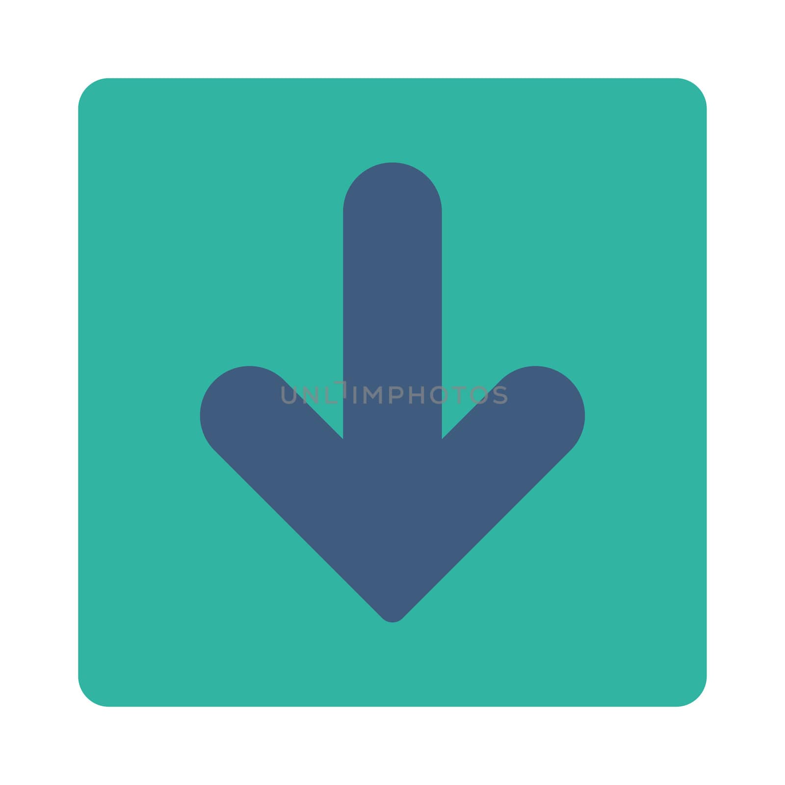 Arrow Down icon from Primitive Buttons OverColor Set. This rounded square flat button is drawn with cobalt and cyan colors on a white background.