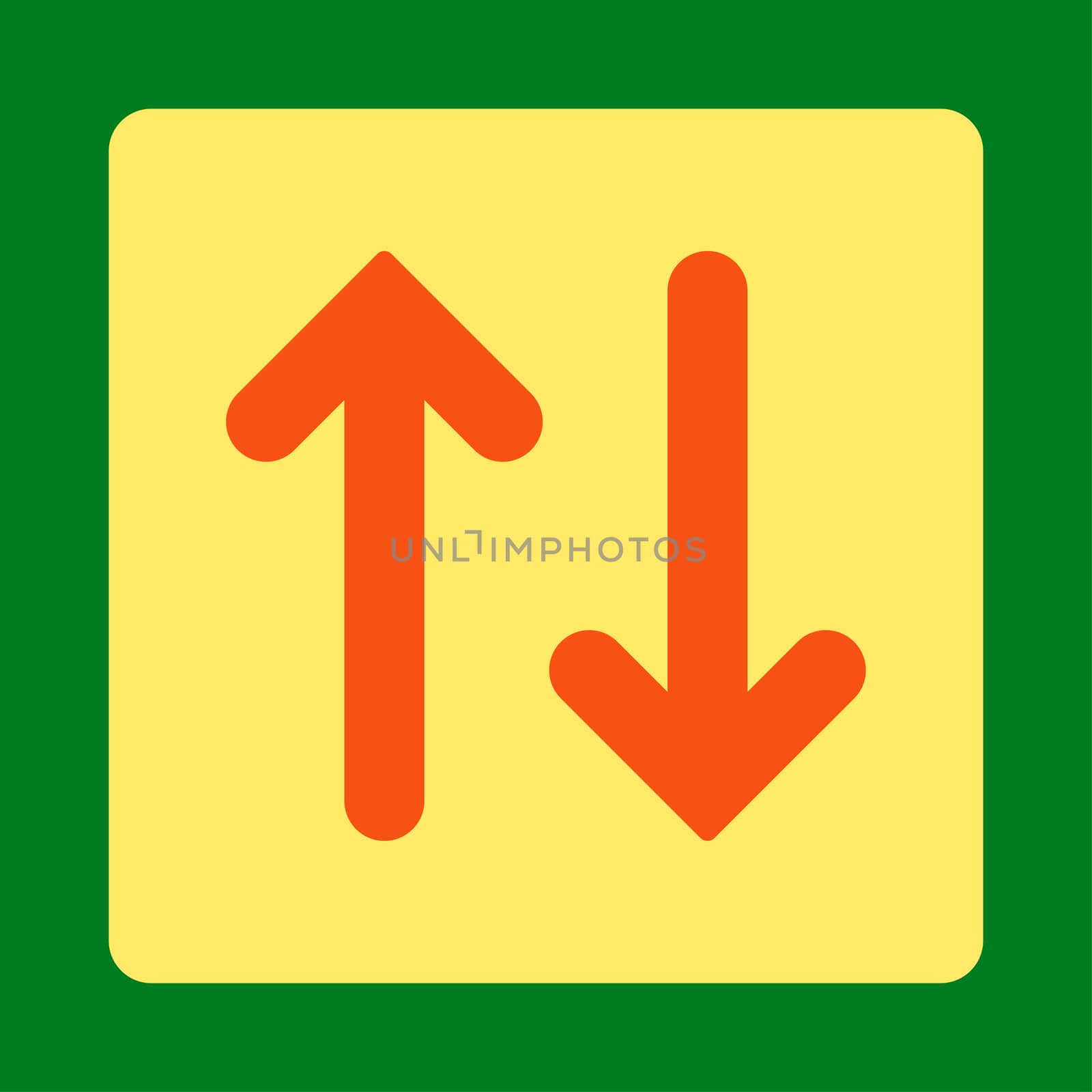 Flip Vertical icon from Primitive Buttons OverColor Set. This rounded square flat button is drawn with orange and yellow colors on a green background.