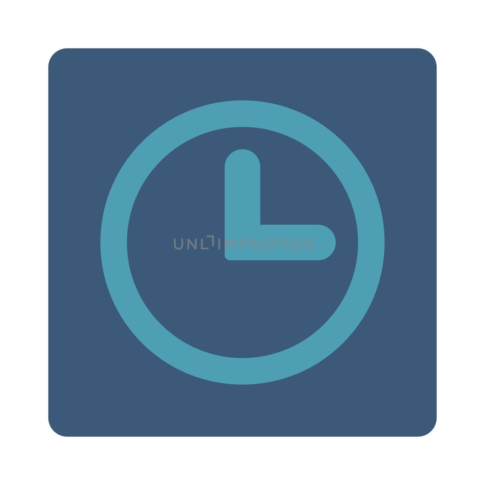 Clock icon from Primitive Buttons OverColor Set. This rounded square flat button is drawn with cyan and blue colors on a white background.