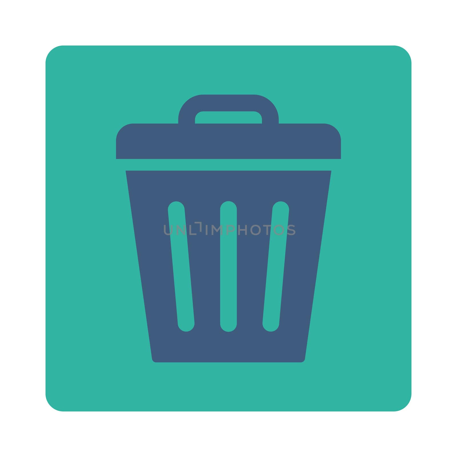 Trash Can icon from Primitive Buttons OverColor Set. This rounded square flat button is drawn with cobalt and cyan colors on a white background.