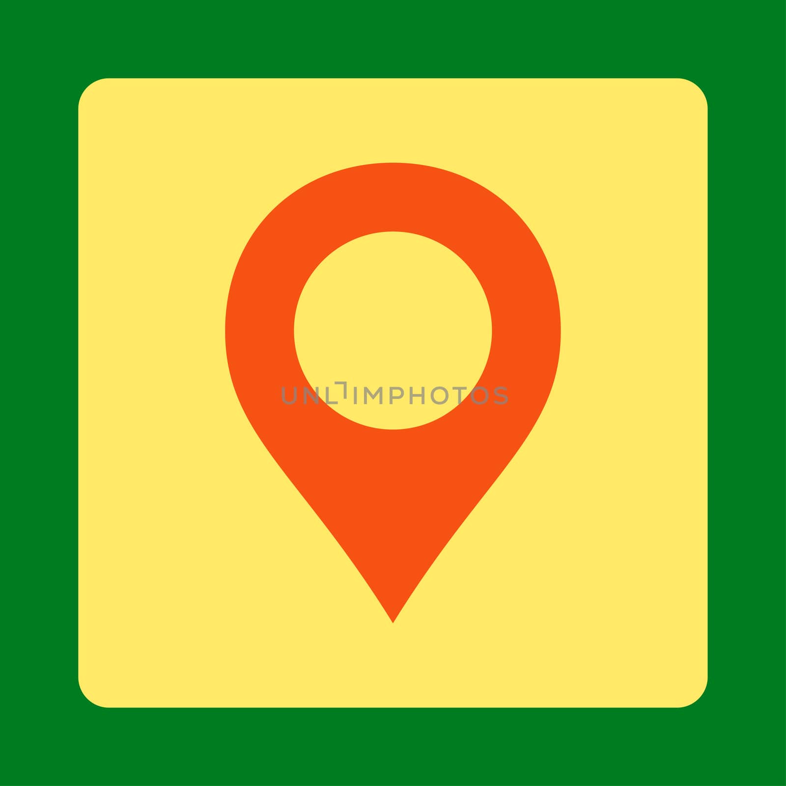 Map Marker icon from Primitive Buttons OverColor Set. This rounded square flat button is drawn with orange and yellow colors on a green background.