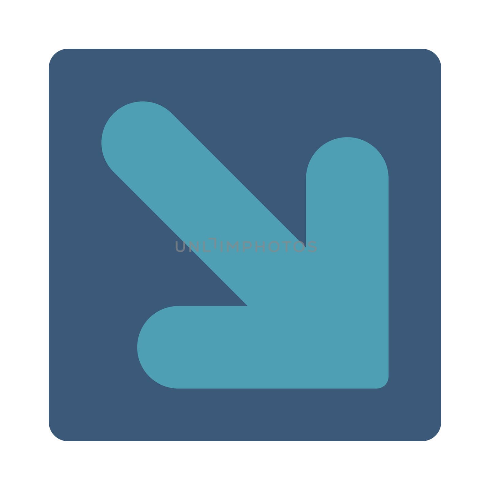 Arrow Down Right icon from Primitive Buttons OverColor Set. This rounded square flat button is drawn with cyan and blue colors on a white background.