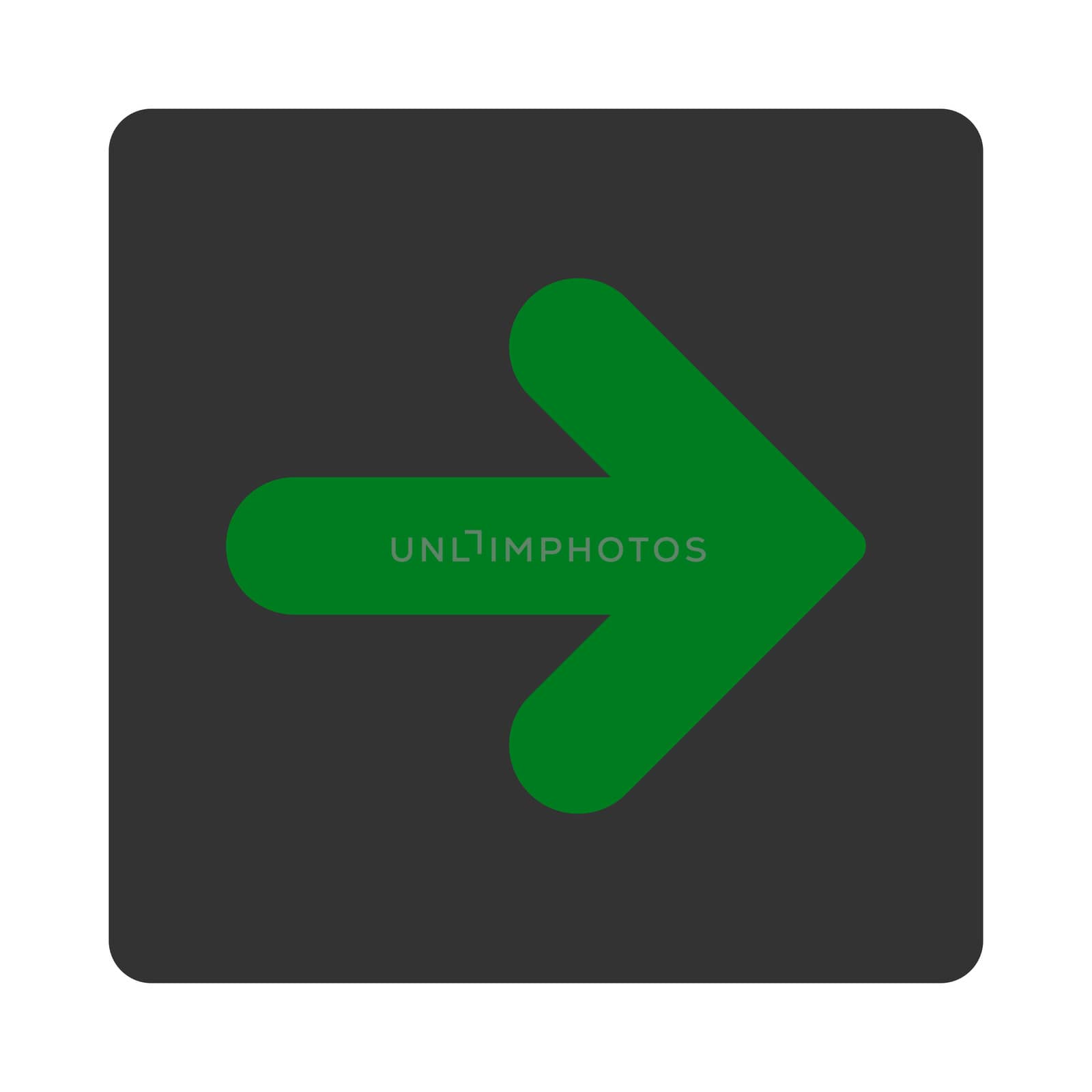Arrow Right icon from Primitive Buttons OverColor Set. This rounded square flat button is drawn with green and gray colors on a white background.