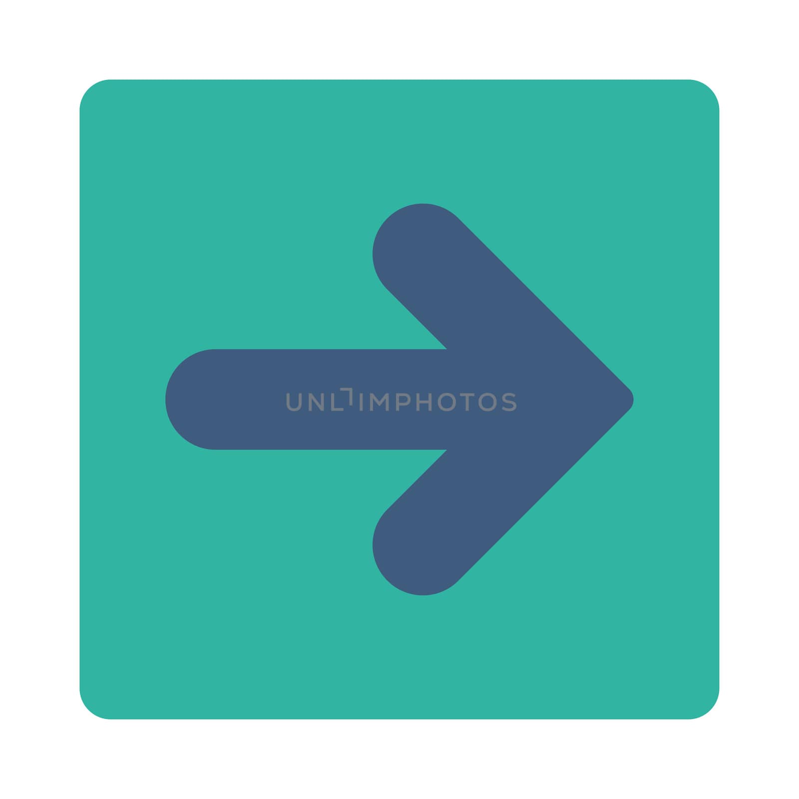 Arrow Right icon from Primitive Buttons OverColor Set. This rounded square flat button is drawn with cobalt and cyan colors on a white background.