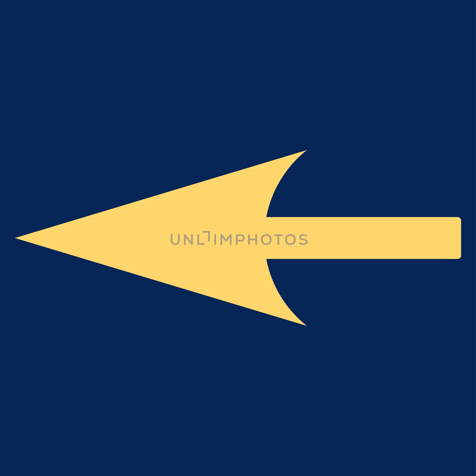 Sharp Left Arrow icon from Primitive Set. This isolated flat symbol is drawn with yellow color on a blue background.