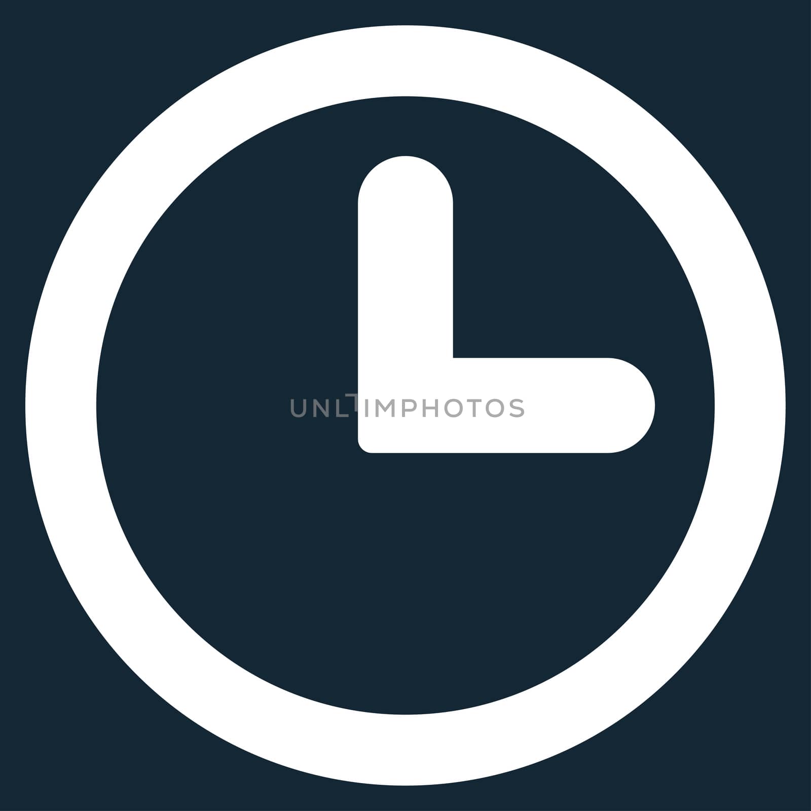Clock icon from Primitive Set. This isolated flat symbol is drawn with white color on a dark blue background, angles are rounded.