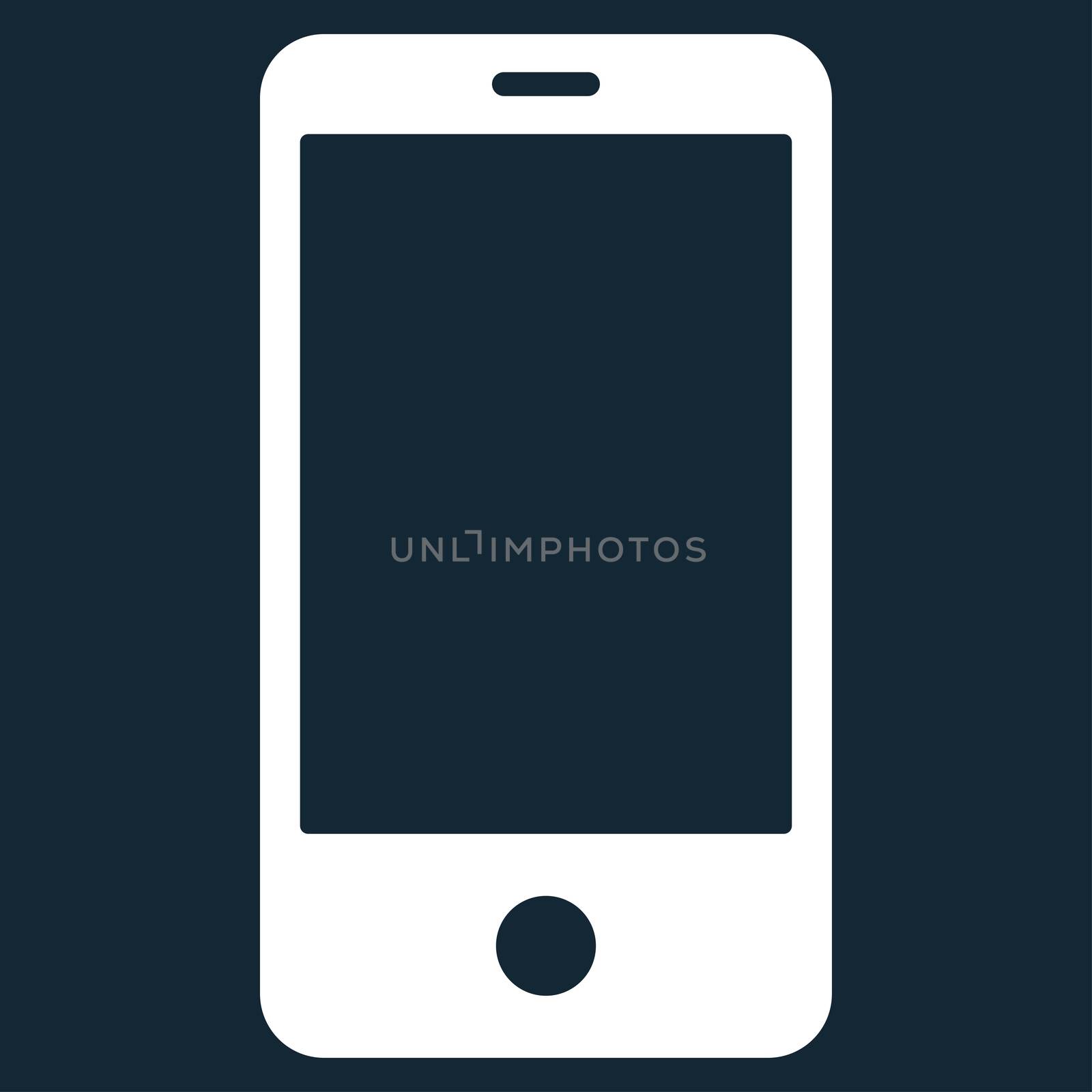 Smartphone icon from Primitive Set. This isolated flat symbol is drawn with white color on a dark blue background, angles are rounded.