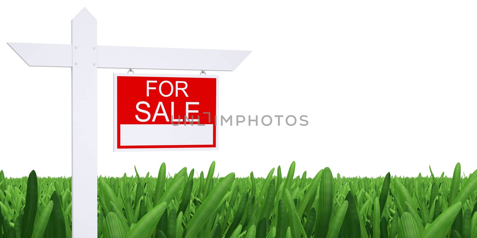 Sign for sale with green grass and white background