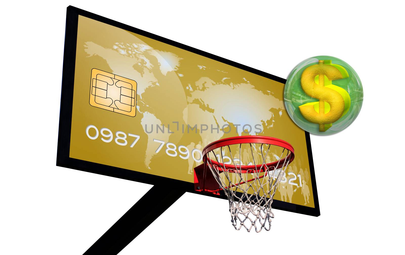 credit card on a basketball with a dollar sign in a green 3d chrome sphere