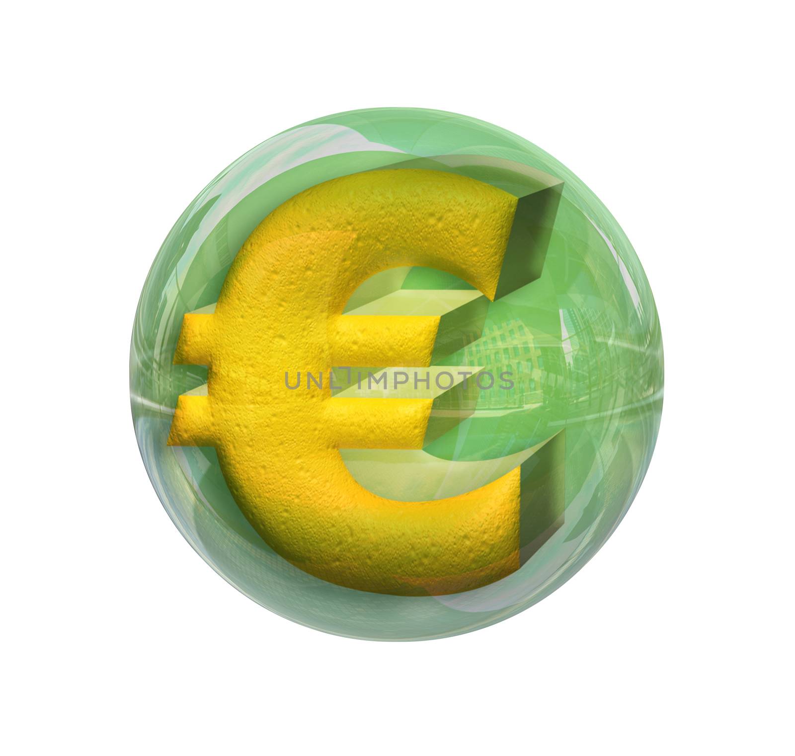 Gold colored euro symbol in 3D in a chrome sphere green with relief