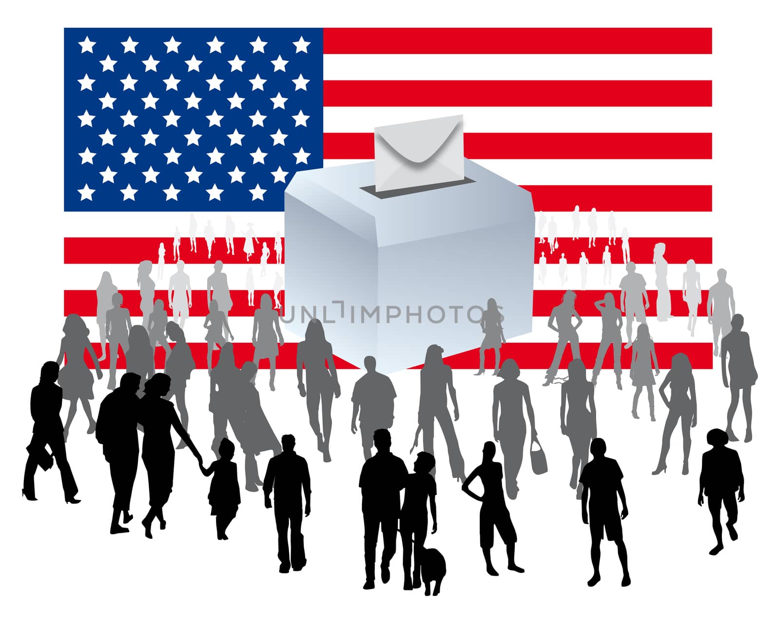 urn on an American flag with a crowd of people for democratic elections U.S. political party