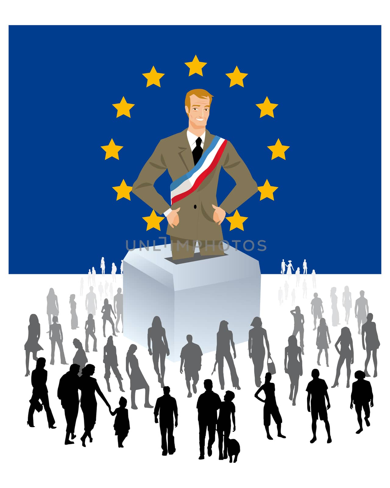 a politician on a European flag with an urn with a crowd of people in the European elections