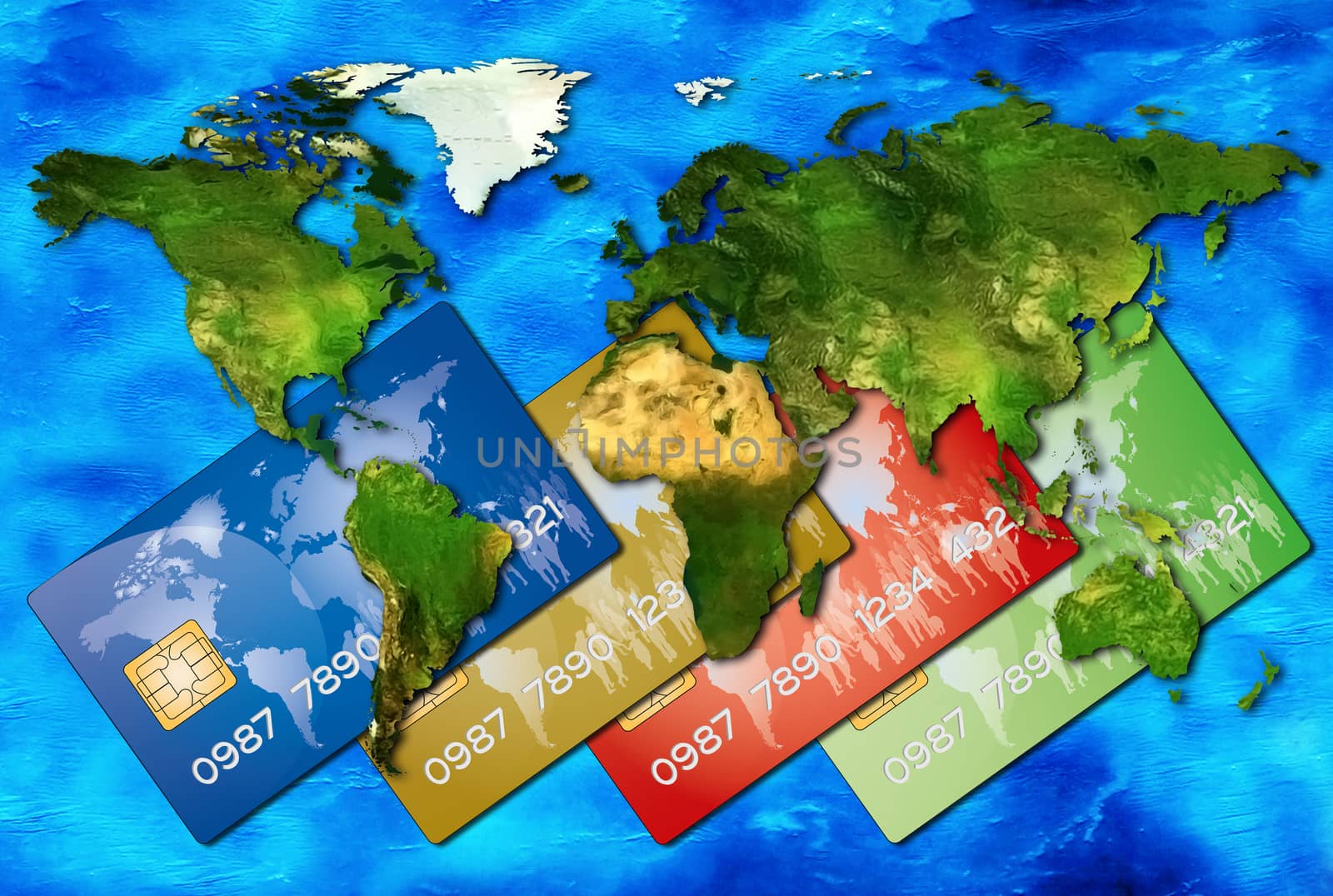 bank credit cards in the world on a world map with all the coasts and oceans of planet earth