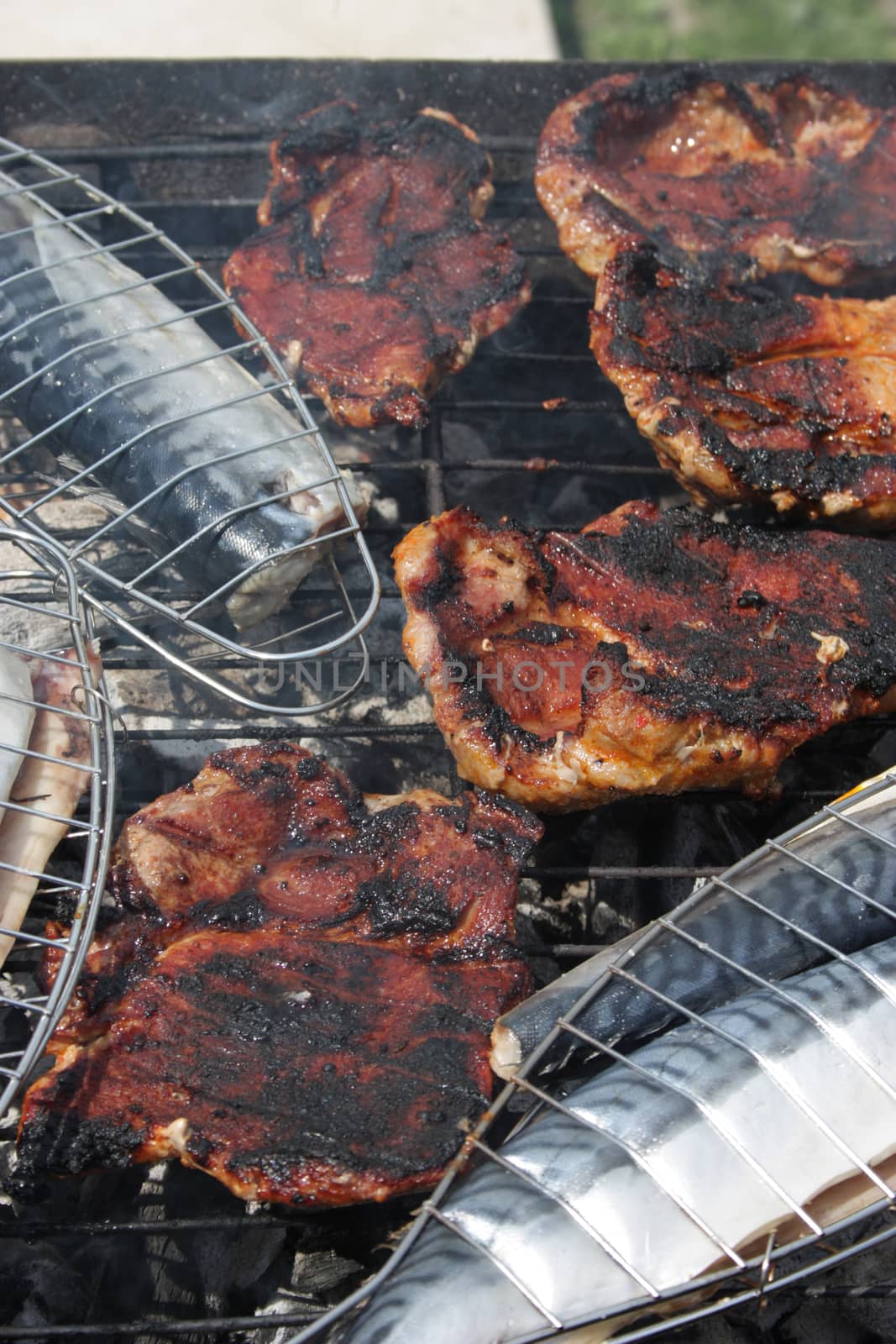 Barbecuing mackerel and red meat on charcoal fire closeup image.
