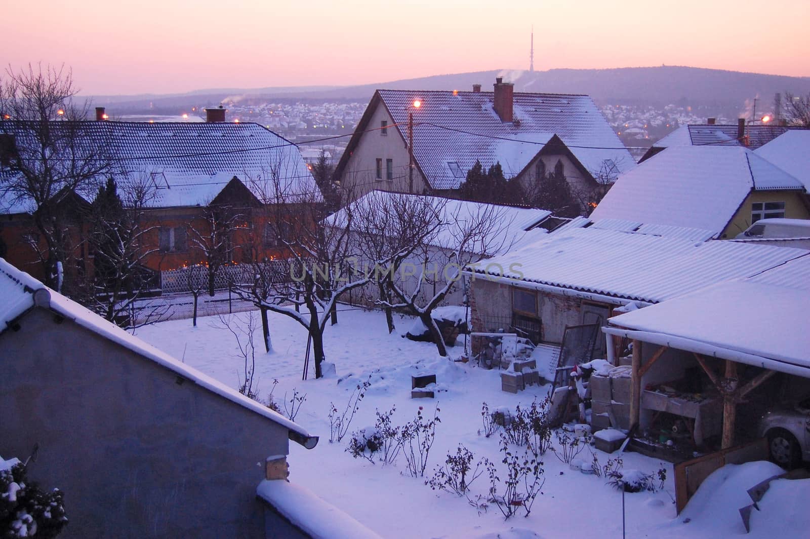 Town at dusk dusk in winter