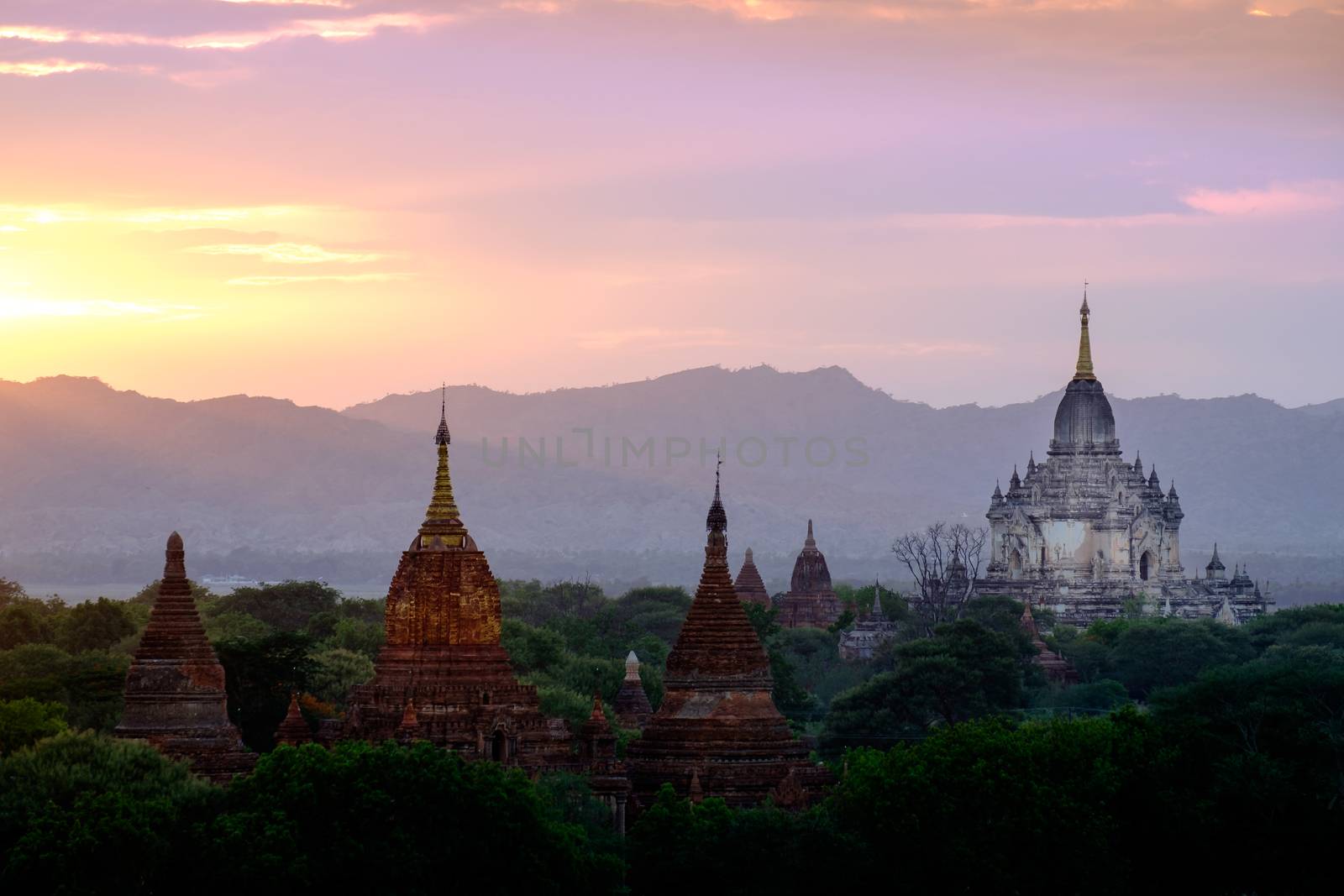 Colorful sunset landscape view with silhouettes of temples, Baga by martinm303