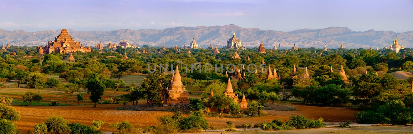 Panoramic landscape view of old temples in Bagan, Myanmar (Burma)